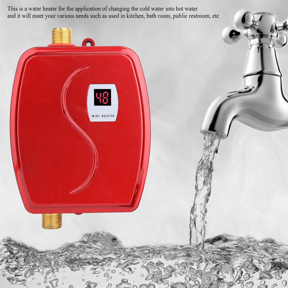 3000W Mini Electric Tankless Water Heater - Instant Hot Water with LCD Temperature Display for Bathroom, Kitchen & Washing - US Plug (Red) | Perfect for Small Apartments, RVs & Energy-Efficient Homes