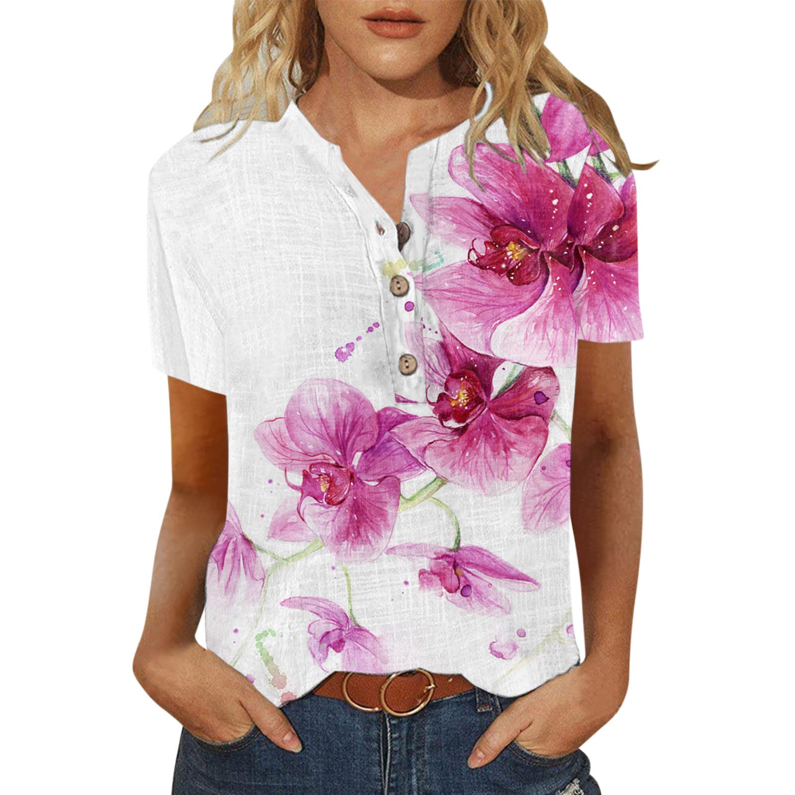 Women's Loose Fit Short Sleeve T-Shirt - Trendy Printed Summer Top with Button Neckline Blouse | Casual Wear, Beach Outfit & Everyday Fashion
