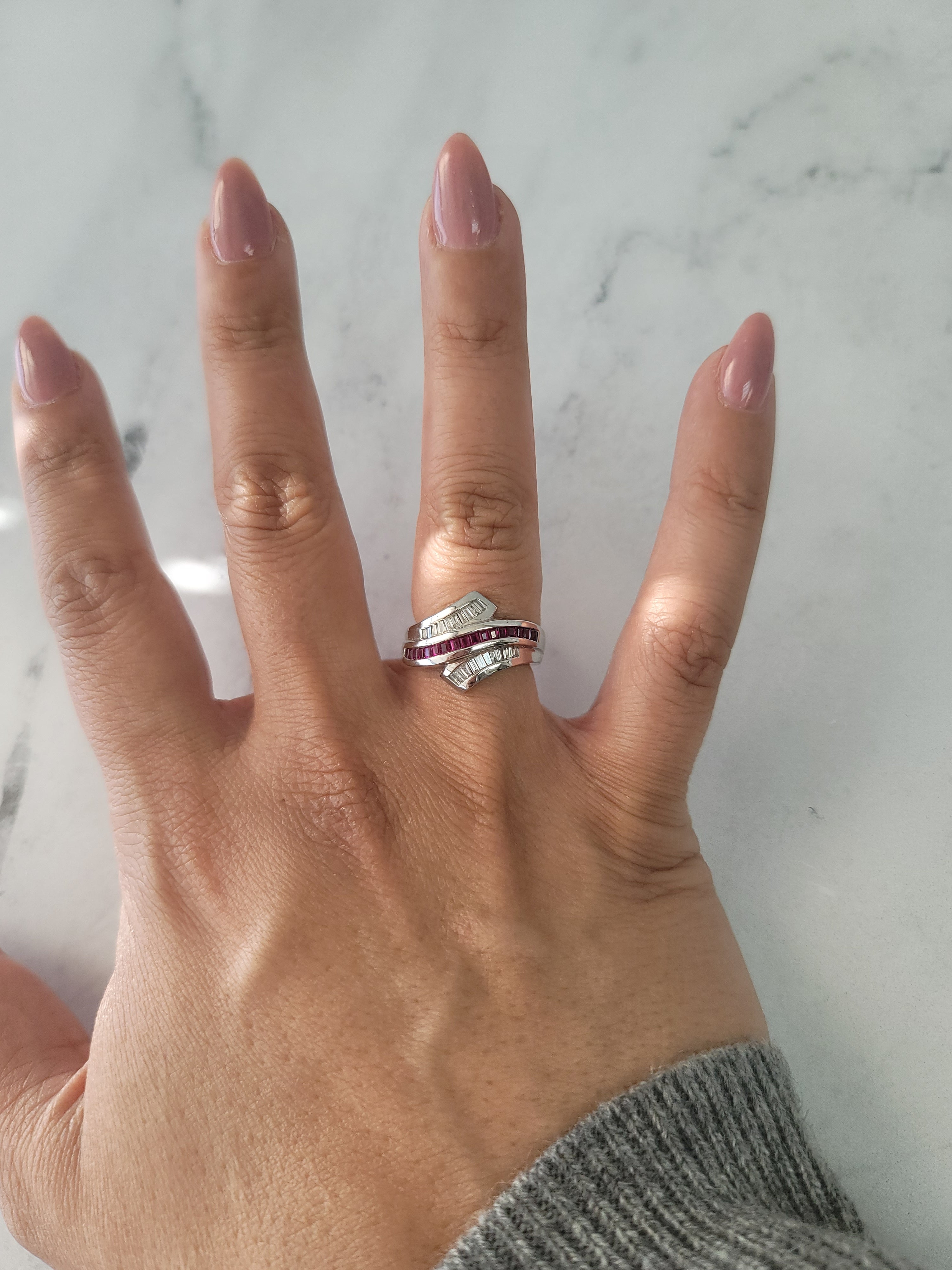 Exquisite Ruby Diamond Baguette Bypass Cocktail Ring | 14K Gold Vintage Statement Jewelry for Women | Perfect for Evening Parties, Weddings & Special Occasions