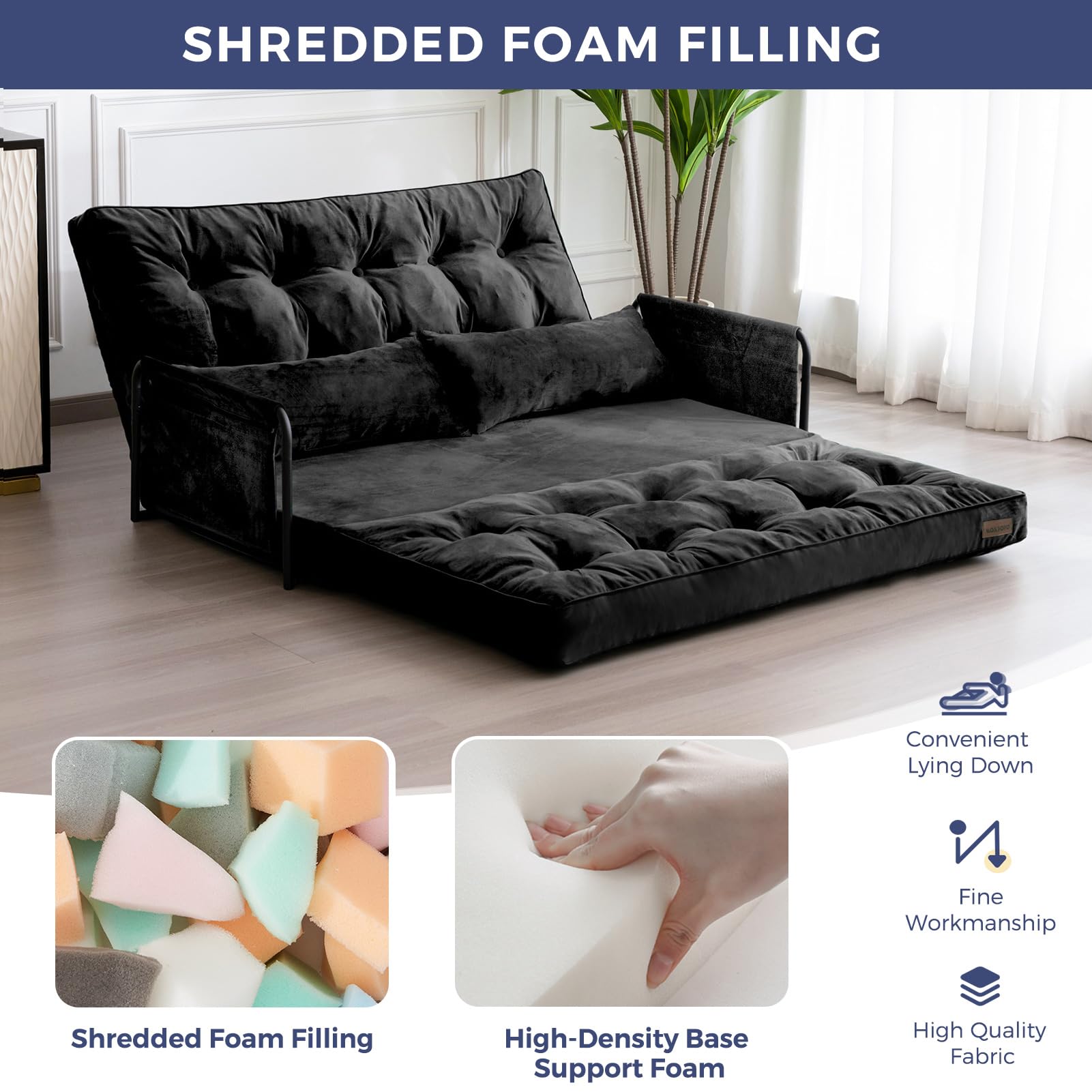 MAXYOYO Adjustable Floor Sofa Couch - Velvet Convertible Lazy Sofa Sleeper Bed with Pillows & Armrests, Double Size in Black | Perfect for Small Spaces, Living Rooms & Guest Beds