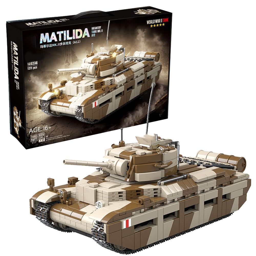 NVOSIYU WWII Matilda MK.II Infantry Tank Building Blocks Set - 1211 Pieces Military Model Kit with Soldier Figures | Lego-Compatible Collectible Toy for Adults | Perfect for History Buffs, Display & Creative Play