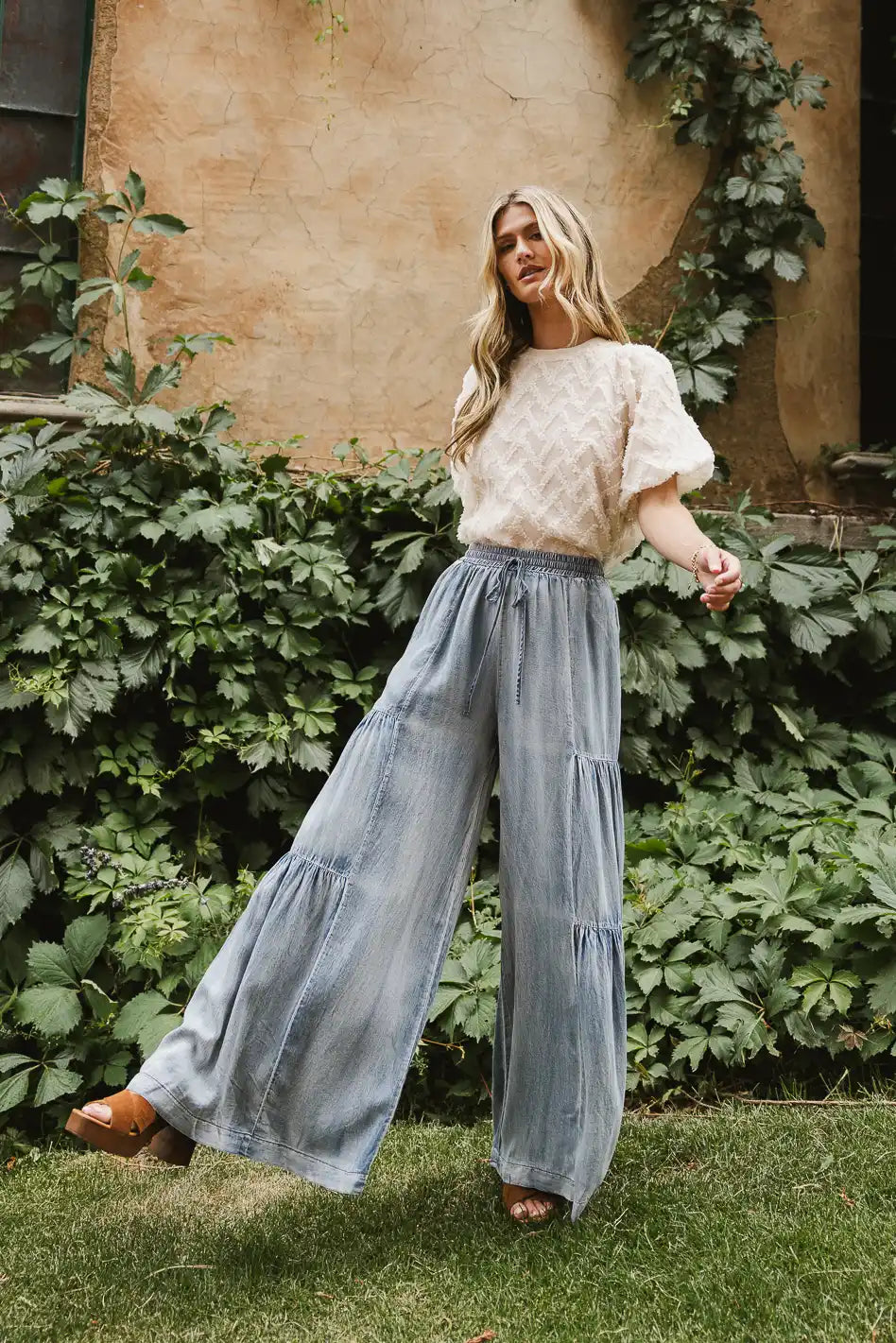 Nola Gathered Pants for Women - High Waisted Elastic Waistband Wide Leg Trousers - Comfortable Casual Office Pants for Work, Travel & Everyday Wear