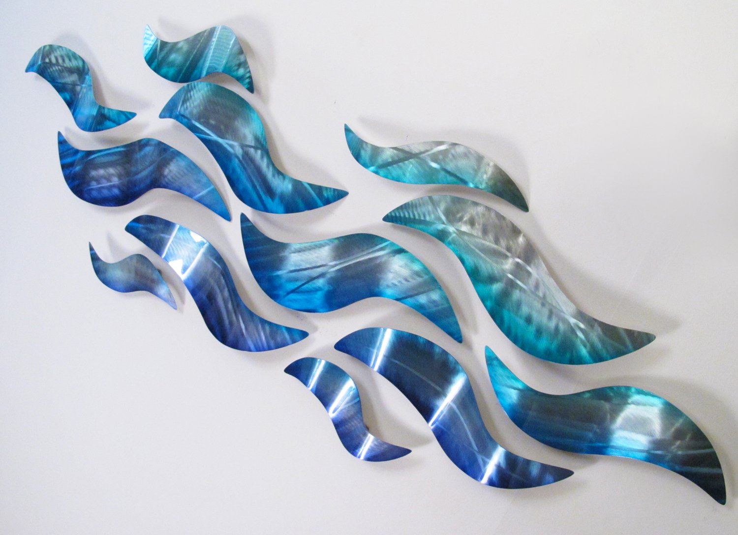 Modern Abstract Large Metal Wall Art Sculpture - Blue & Silver Rip Tide Metal Panel Painting for Living Room, Bedroom & Office Decor