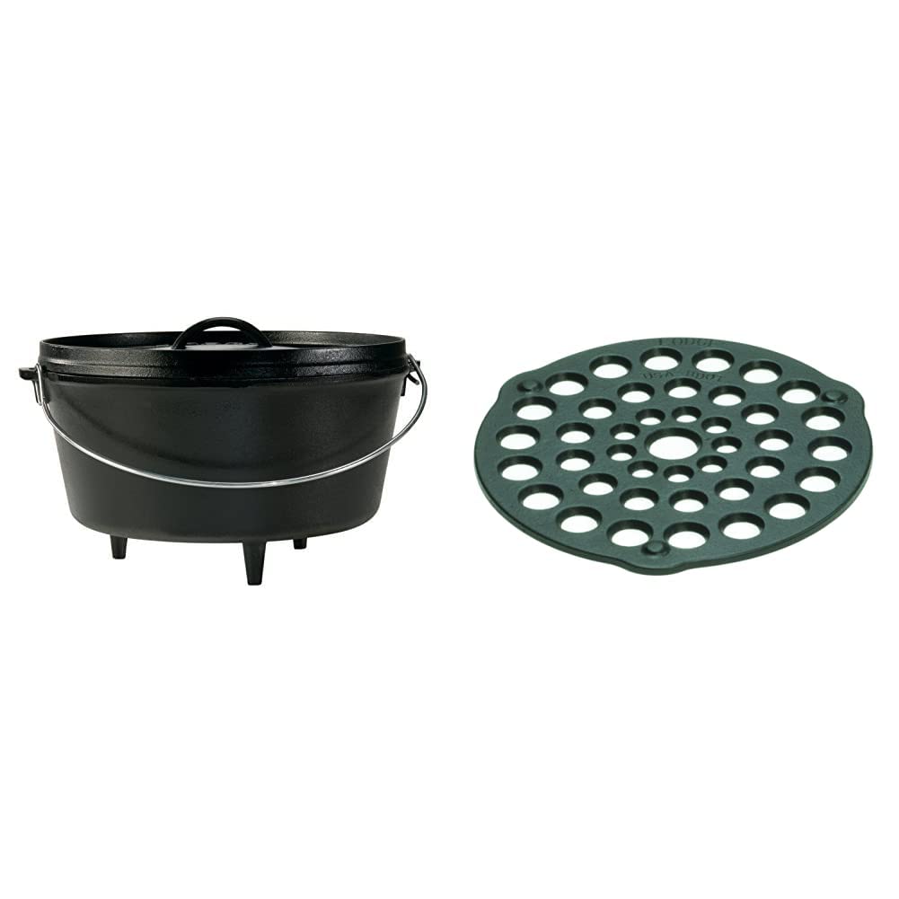 Lodge Pre-Seasoned Cast Iron Dutch Oven with Meat Rack - 12 Inch Deep Camping Oven (8QT/8 Inch) - Perfect for Outdoor Cooking, Camping, and Dutch Oven Recipes