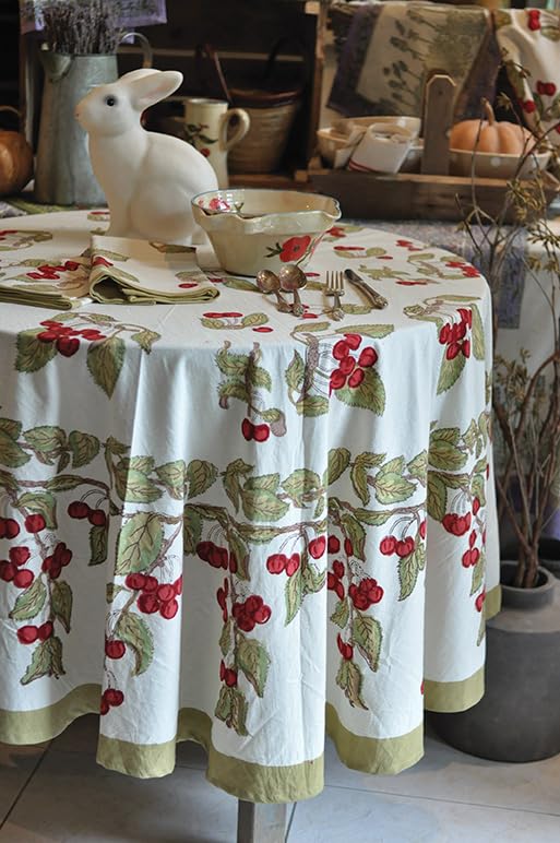 Round French Tablecloth by Couleur Nature - 70 Inch Cotton Cherry Red & Green Checkered Table Cover for Dining, Kitchen, and Outdoor Picnics