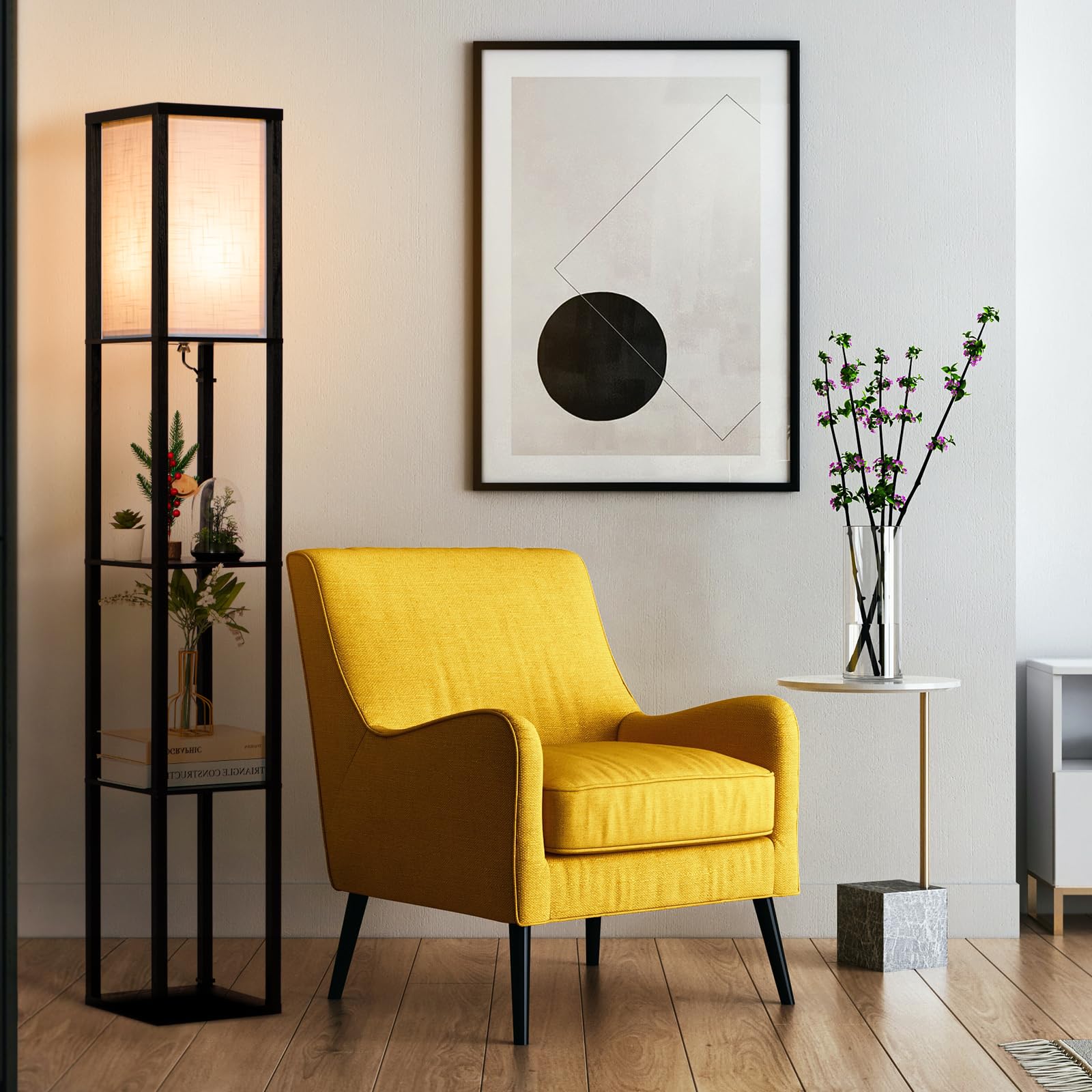 Modern 3-Tier LED Floor Lamp with Shelves - Black Standing Light for Living Room, Bedroom & Office - Perfect for Reading, Decor & Space Saving - Ideal for Small Spaces, Nighttime Reading & Home Office Lighting