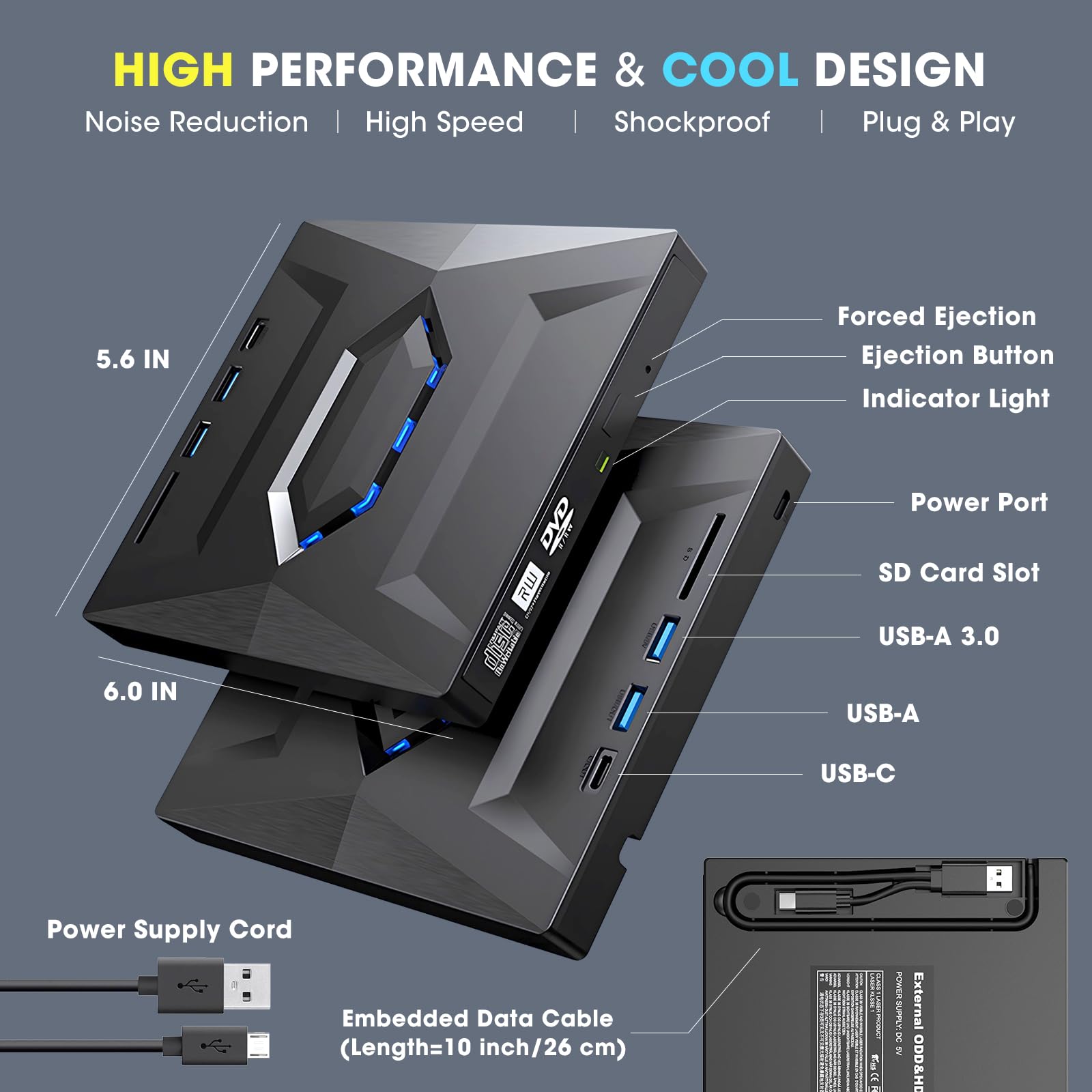 ROOFULL Portable External CD DVD Drive USB 3.0 & USB-C - CD/DVD Burner Player with USB Hub & SD Card Reader - Optical Disk Drive Writer for Laptop PC Windows 11/10, Mac, Linux - Perfect for Home Office, Travel, and Media Backup