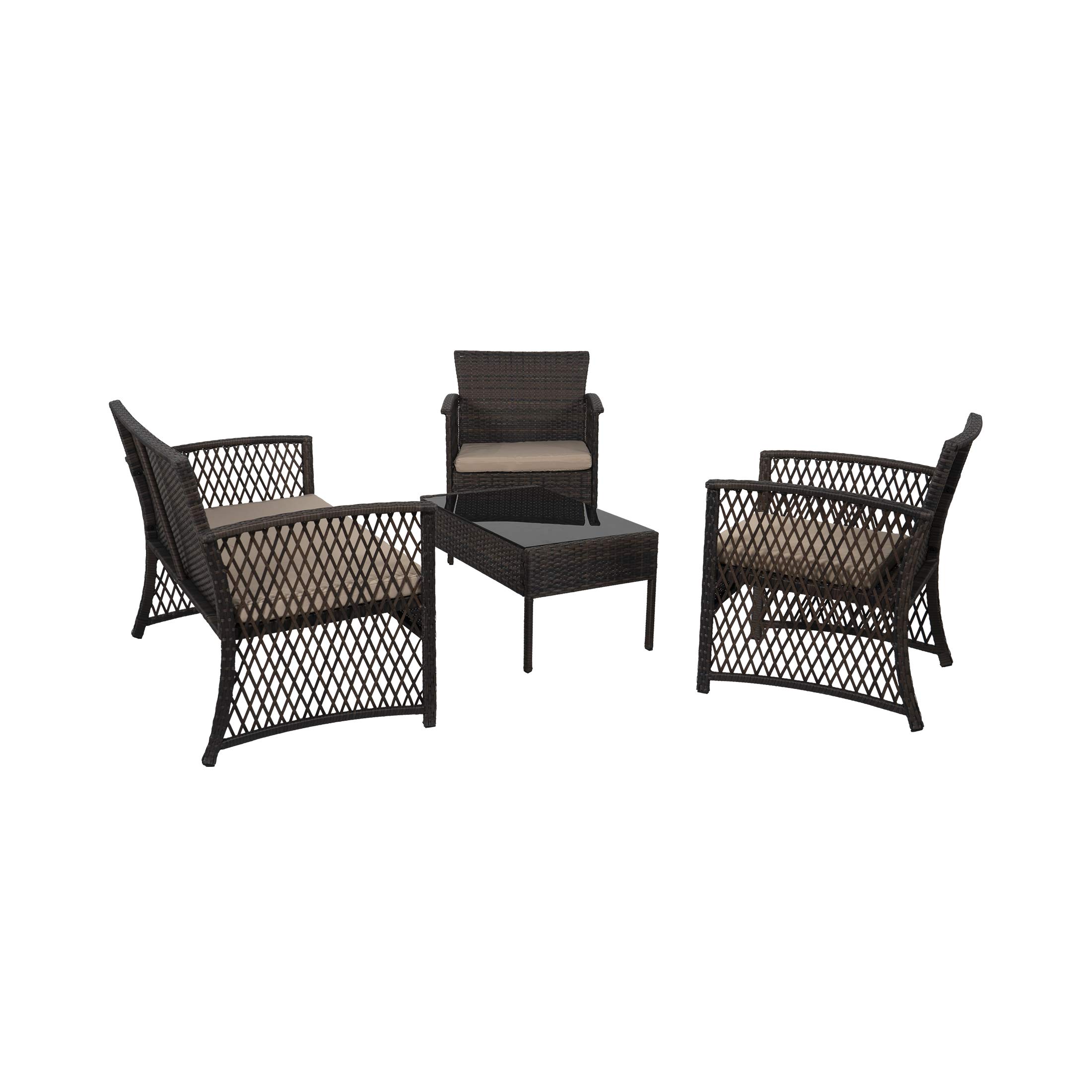 Contemporary 4-Piece Wicker Rattan Outdoor Patio Conversation Sofa Set with Cushions & Coffee Table - Coffee/Beige - Perfect for Backyard, Garden, or Poolside Relaxation