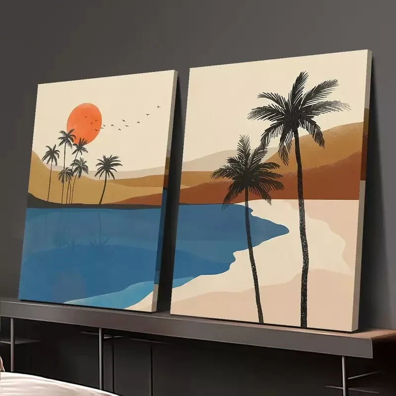 2-Piece Sunset, Birds, Oasis Landscape & Desert Palm Trees Canvas Wall Art - 50x75cm Framed High-Quality Print | 100% Australian Made | Ready to Hang | Perfect for Living Room, Bedroom & Office Decor