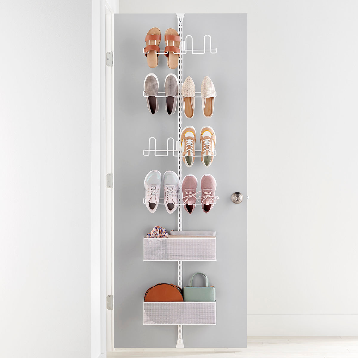Elfa Shoe Wall & Door Rack - 4-Tier Shoe Organizer with 1 Medium & 1 Large Mesh Basket for Entryway, Closet & Bedroom Storage