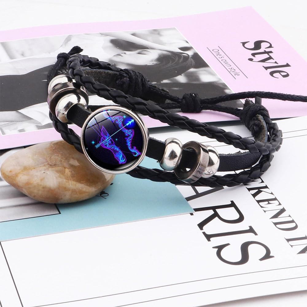 Adjustable Zodiac Sign Spirit Bracelet - 12 Constellation Black Leather Wrap Bracelet for Women & Men | Perfect Christmas & Birthday Jewelry Gift | Ideal for Daily Wear, Meditation & Spiritual Healing