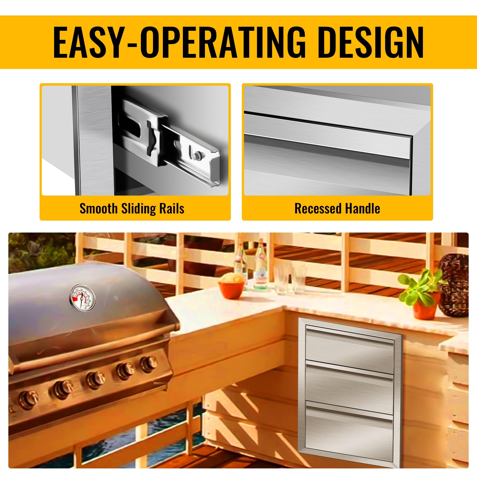 Stainless Steel Outdoor Kitchen Drawers - Flush Mount BBQ Island Drawers Without Handle, 16
