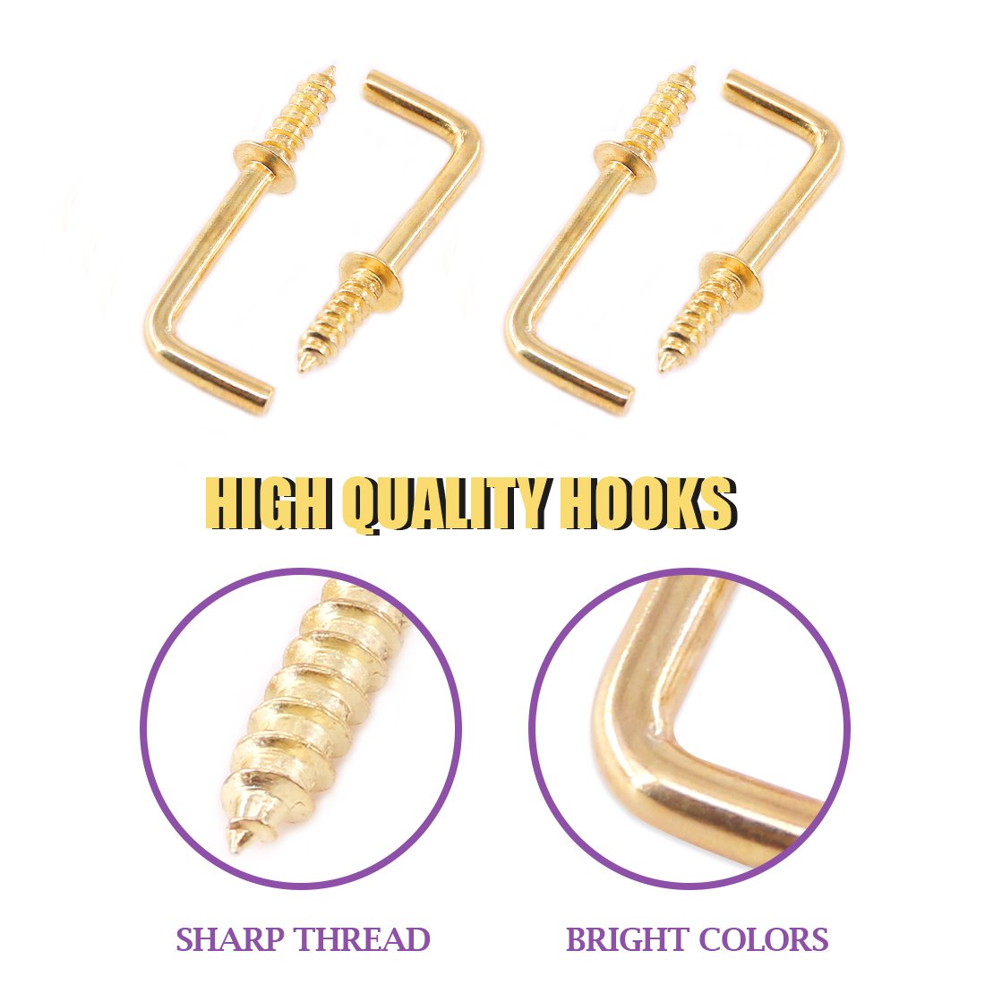120Pcs 6 Sizes Gold Brass Plated Metal Screw-in Square Bend Hooks Kit - Heavy Duty Self-Tapping Screw Hooks for Wall, Door, Cabinet - Perfect for Home, Office, Kitchen, Bathroom Organization & Decoration