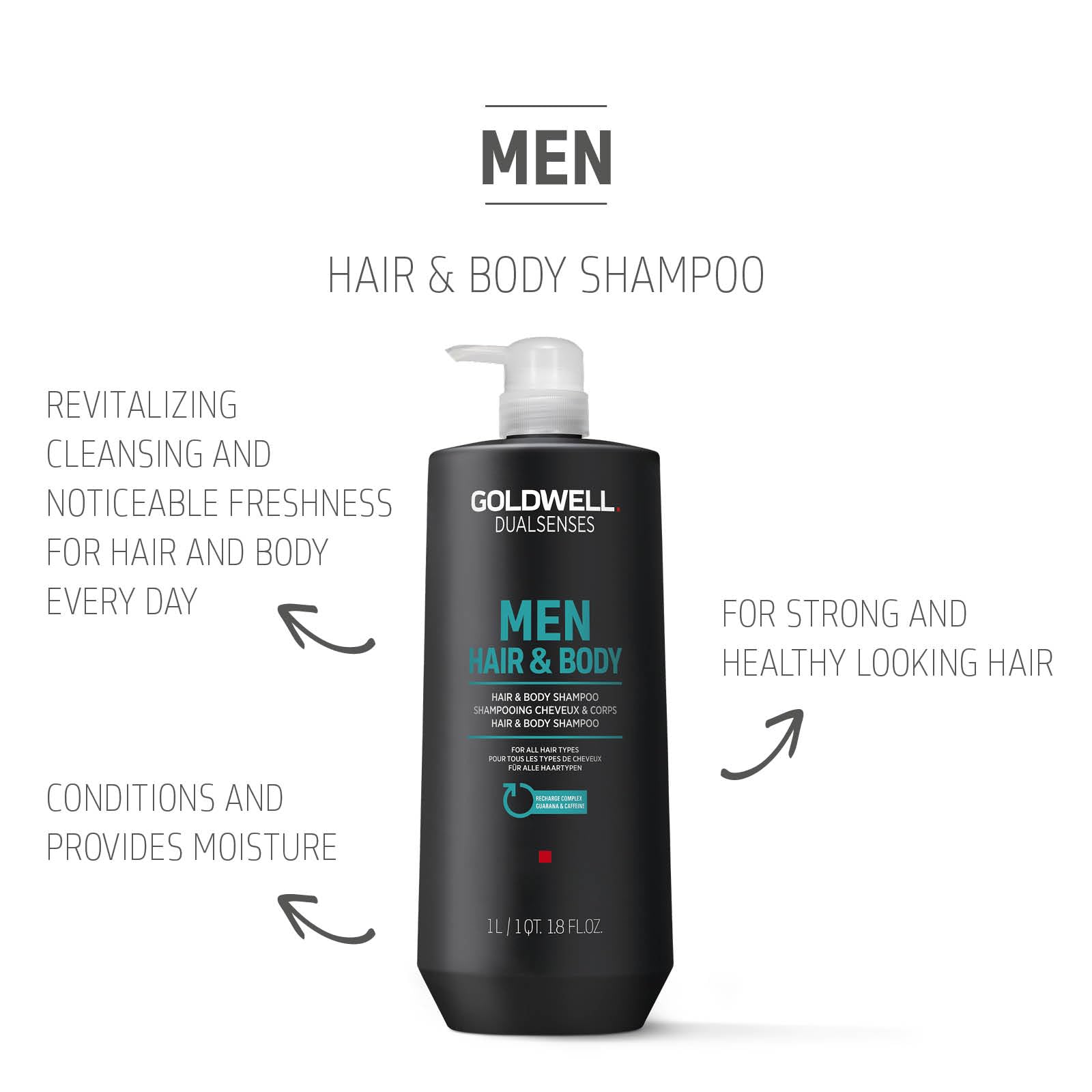 Goldwell Dualsenses Men's Hair & Body Shampoo for Men - Hydrating & Refreshing 2-in-1 Shampoo - Perfect for Gym, Travel & Daily Use