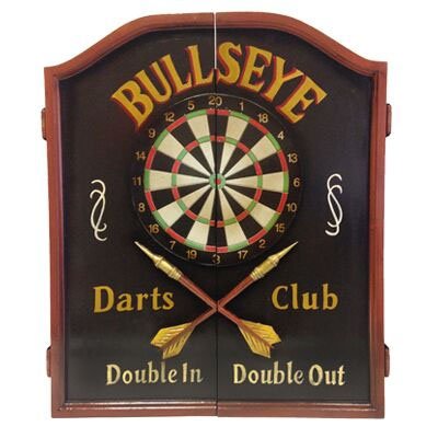 Vintage Bullseye Dartboard Cabinet Set for Home & Pub - Classic Wooden Dart Board with Steel Tip Darts - Perfect for Game Rooms, Bars, and Man Caves