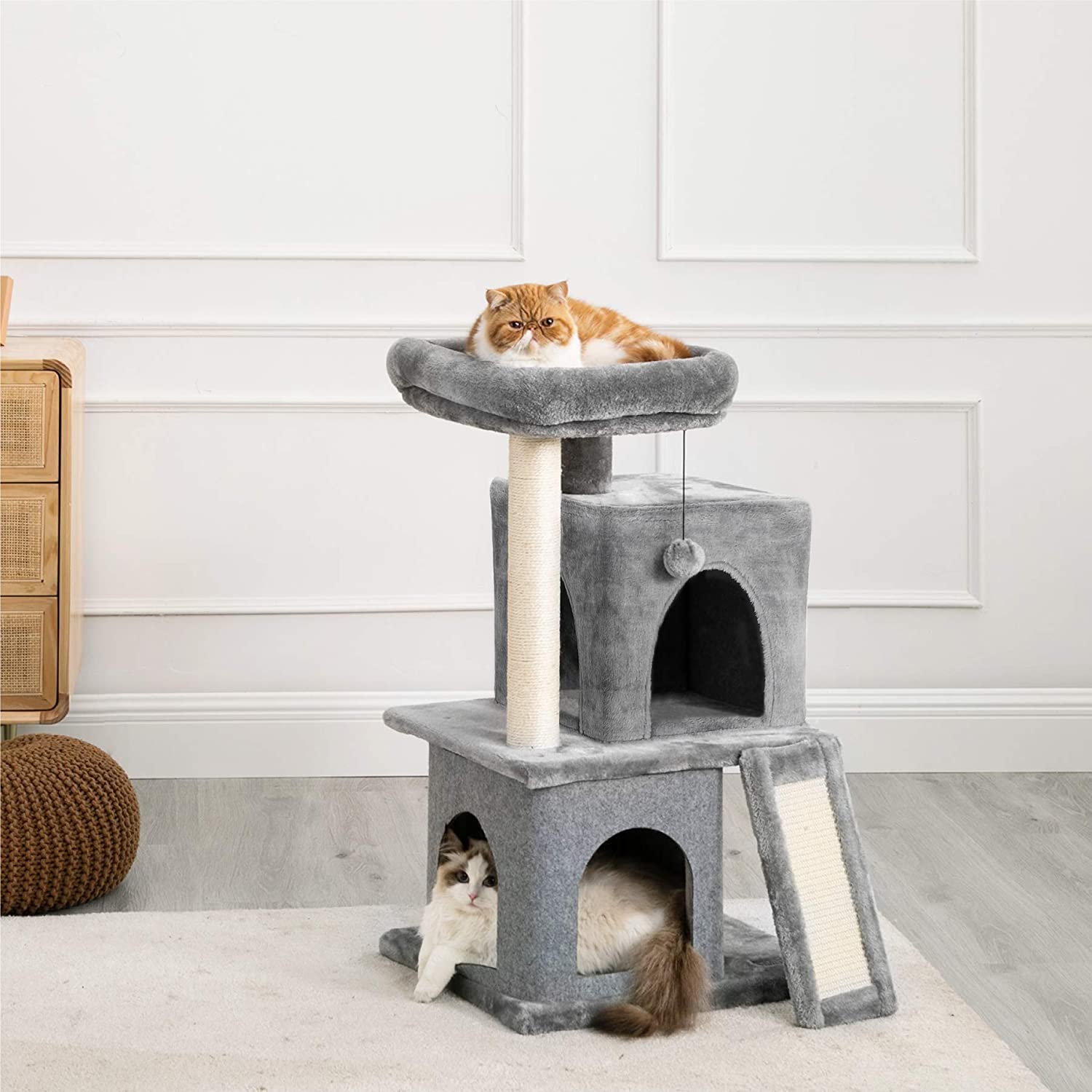Modern Cat Tree Tower with Double Condos & Scratching Posts - Spacious Perch, Sisal Wrapped Posts, Replaceable Dangling Balls (Grey) - Perfect for Indoor Cats to Climb, Scratch & Play