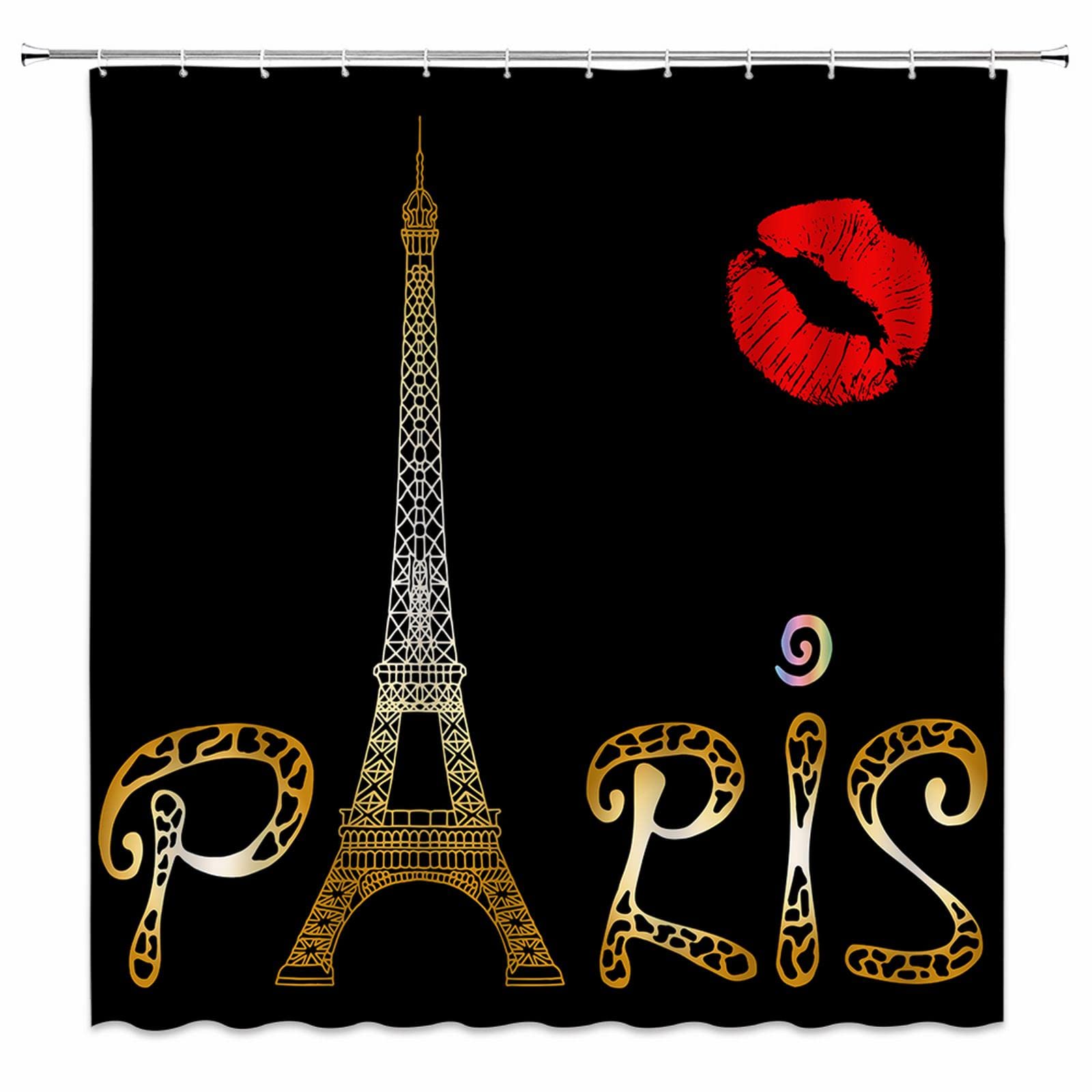 Paris Eiffel Tower Shower Curtain - Romantic Red Lips & Kiss Marks Design for Valentine's Day - 70x70 Inch Black Polyester Bathroom Decor with Hooks - Perfect for Couples & France-Themed Home Decor