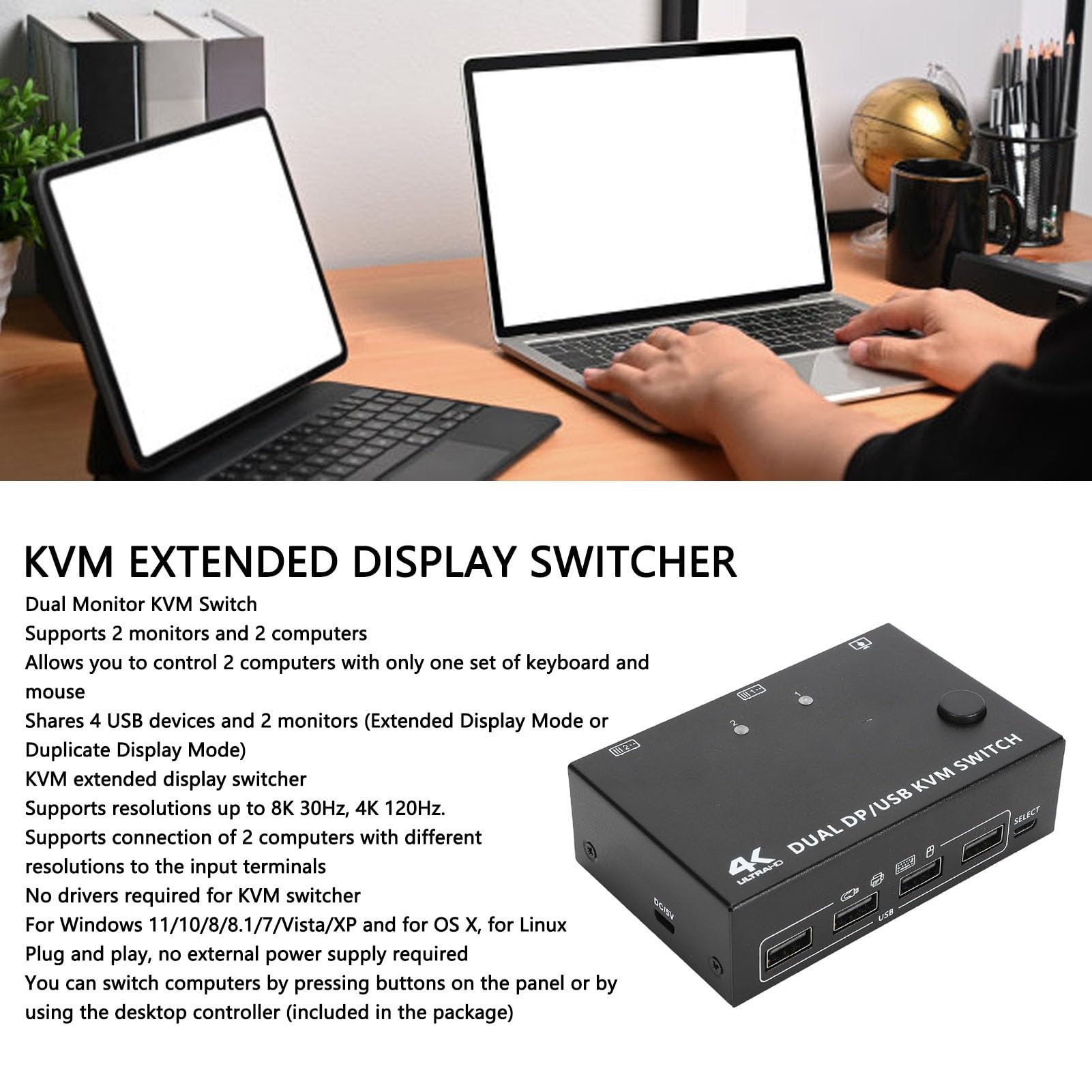 Yanmis 8K KVM Switch - Dual Monitor USB Switcher with DisplayPort for 2 Computers | Windows 11/10/8/7/XP Compatible | Perfect for Home Office, Gaming & Multi-Tasking Workstations