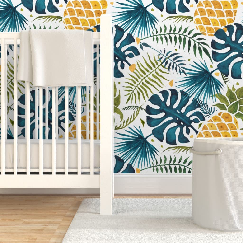 Removable Wallpaper Swatch - Tropical Pineapple Blue Yellow Leaves Design | Pre-Pasted Peel & Stick Wallpaper for Kitchen, Bathroom, Nursery | Spoonflower Custom Summer Fruit Decor