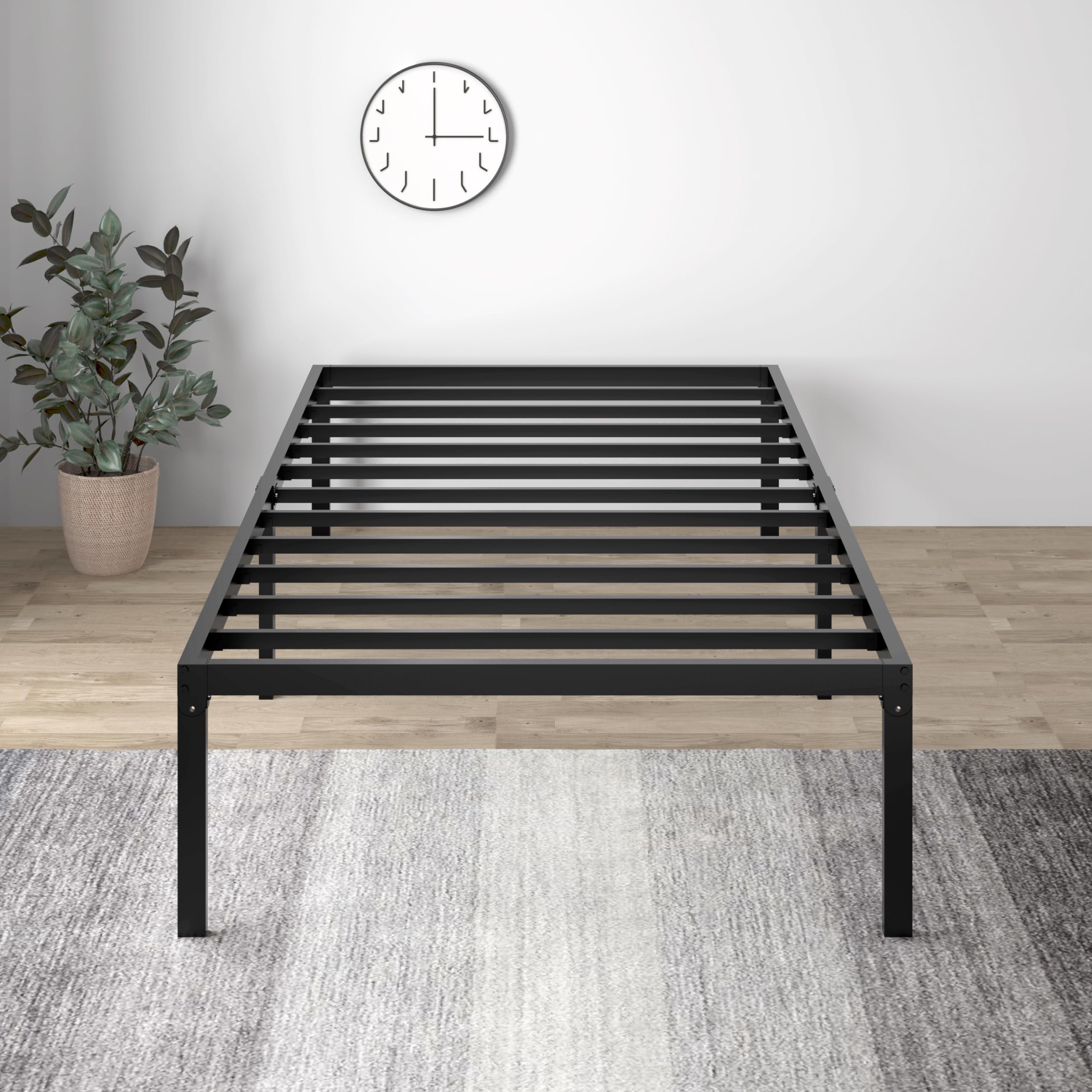 Heavy Duty Twin Size Platform Bed Frame with Self-Attached Headboard - No Box Spring Needed, Sturdy Mattress Foundation, Quiet & Easy Assembly in Black - Perfect for Small Bedrooms, Guest Rooms & Dormitories