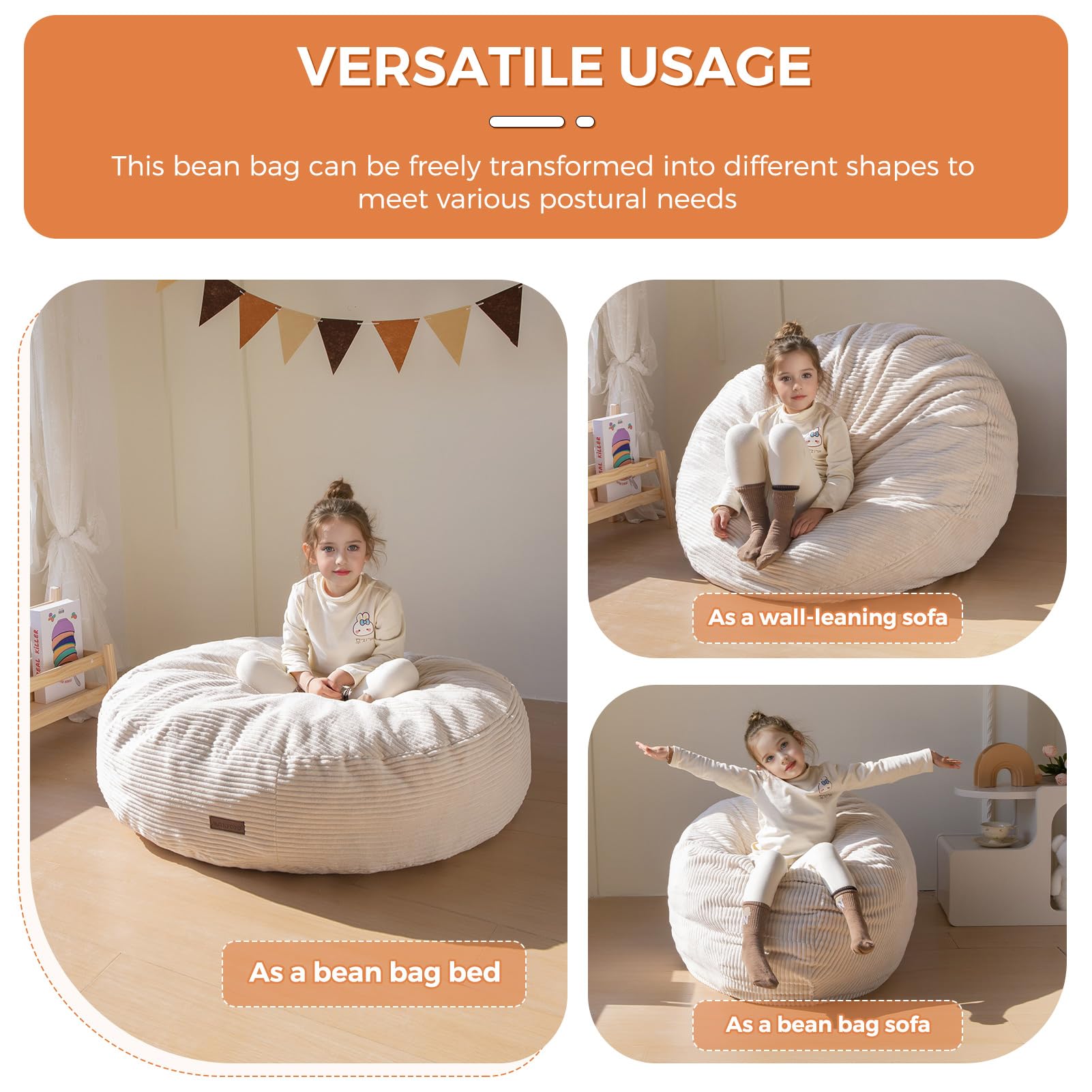 MAXYOYO 3-in-1 Convertible Kids Bean Bag Chair & Bed - Corduroy Round Floor Sofa for Children's Room, Gaming & Reading - Beige | Perfect for Playroom, Bedroom & Dorm Decor