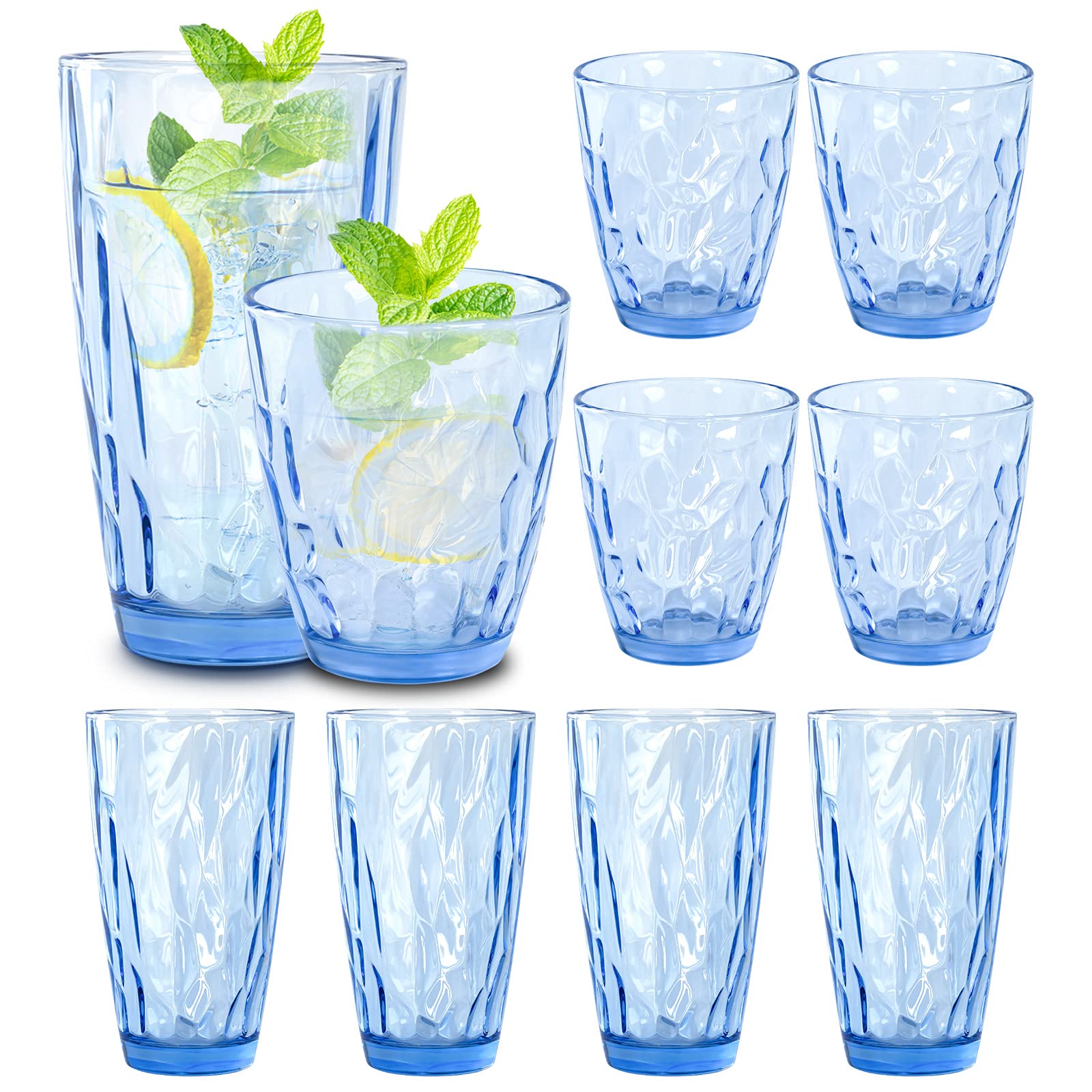 CREATIVELAND Blue Drinking Glasses Set of 8 - 15.8oz & 13.7oz Heavy Base Highball Tumblers for Water, Cocktail, Juice, Beer, Iced Coffee - Durable Thick Glassware for Kitchen, Bar, Restaurant & Home Entertaining