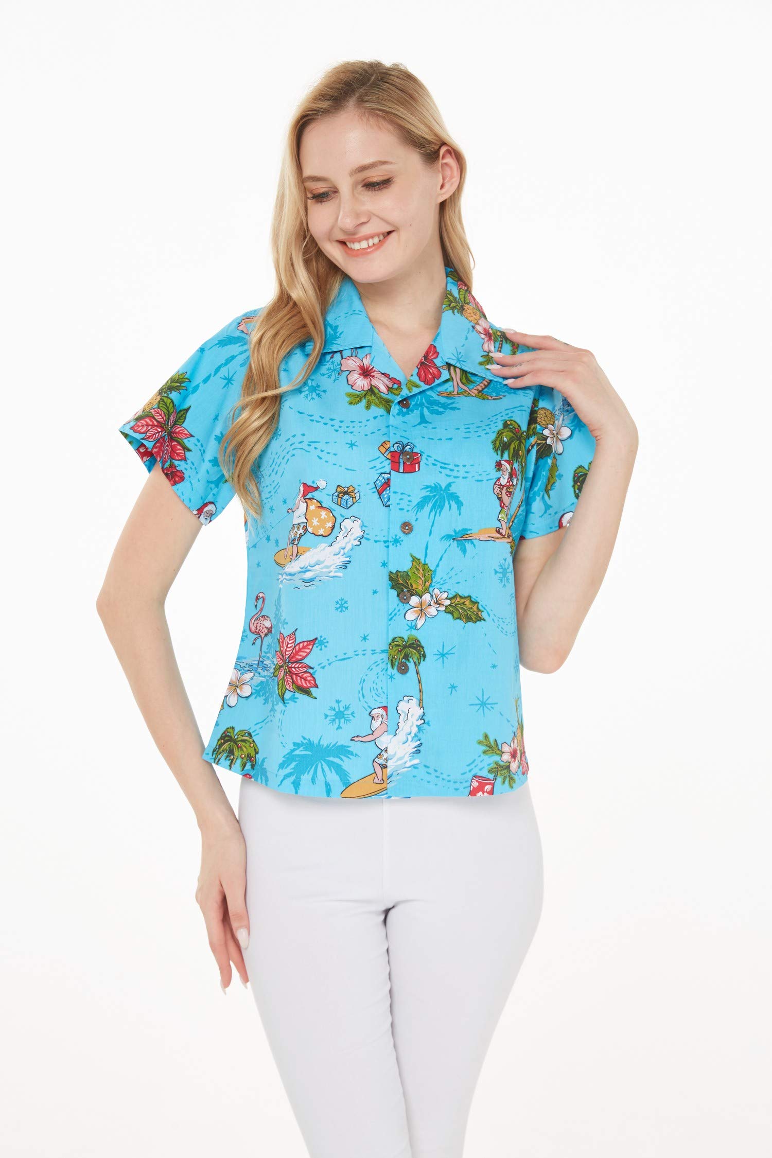 Women's Hawaiian Aloha Shirt - Christmas Santa in Hawaii Red Floral Print Short Sleeve Shirt for Beach Vacation, Luau Party & Summer Outfits