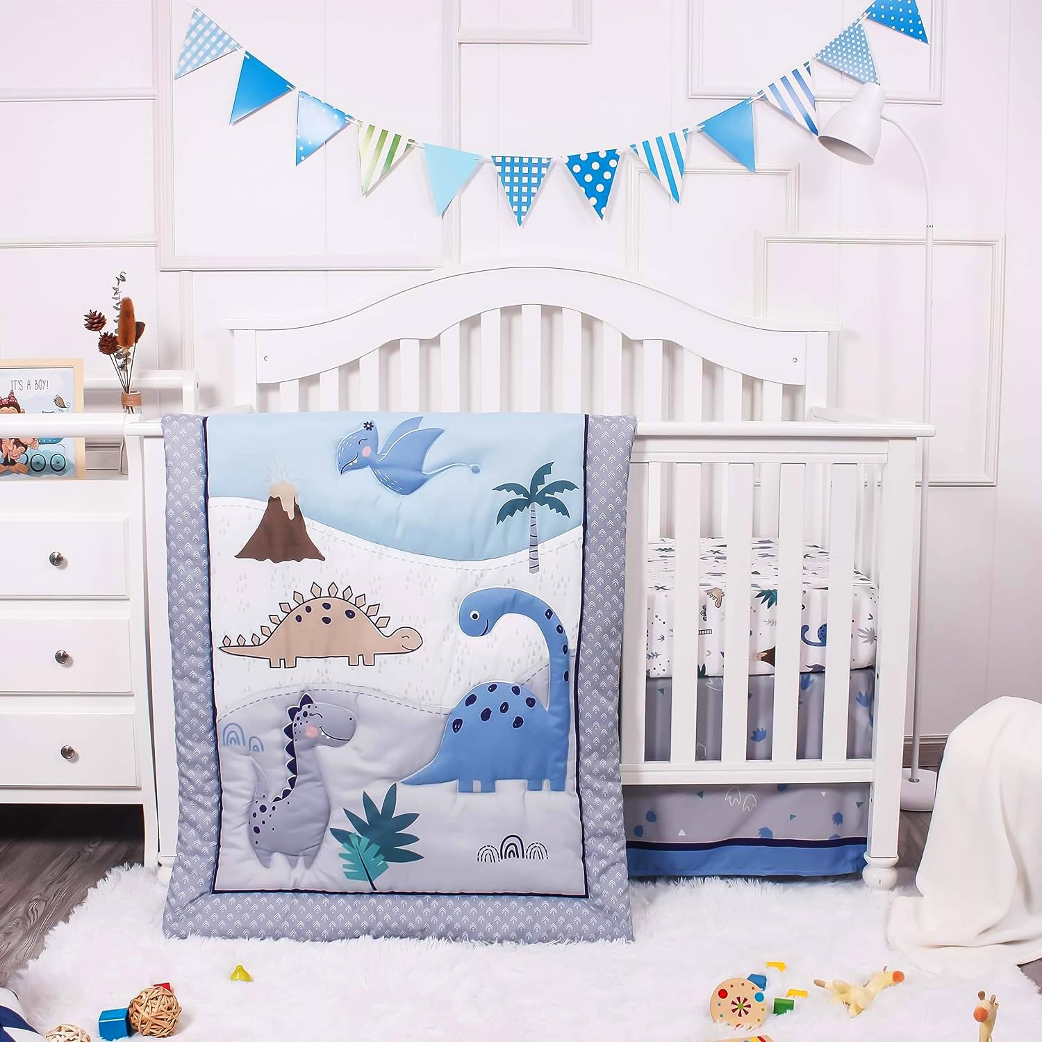 Dinosaur Baby Crib Bedding Set for Boys & Girls - 3 Piece Standard Size Nursery Crib Comforter Set in Grey/Blue | Soft & Safe Unisex Baby Bedding for Newborns & Toddlers | Perfect for Nursery Decor, Baby Showers & Gift Giving