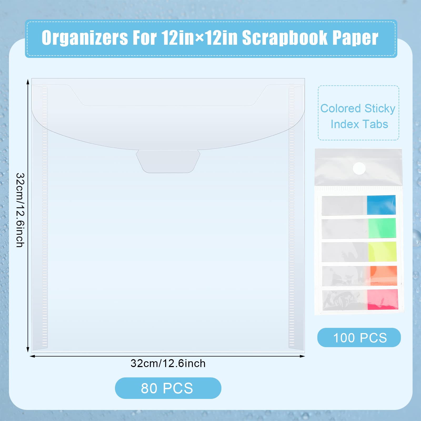 Eaasty 80 Pcs 12 x 12 Inch Waterproof Scrapbook Paper Organizer with 100 Sticky Index Tabs - Top Loading File Storage for Cardstock, Vinyl, Photos - Perfect for Crafting, Scrapbooking & Home Organization