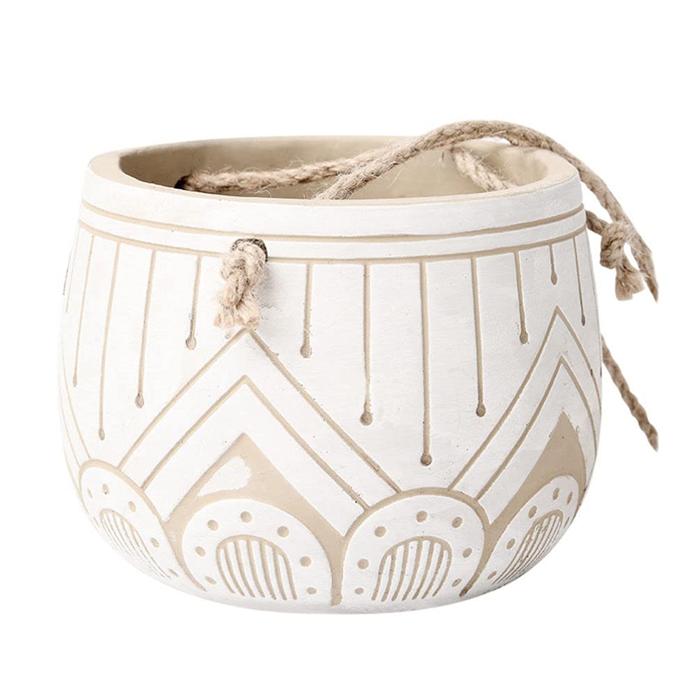 Cabilock White Cement Hanging Planter with Jute Rope - Indoor Outdoor Flower Pots for Succulents, Cactus, Herbs & Small Plants - Perfect for Balcony, Patio & Home Decor
