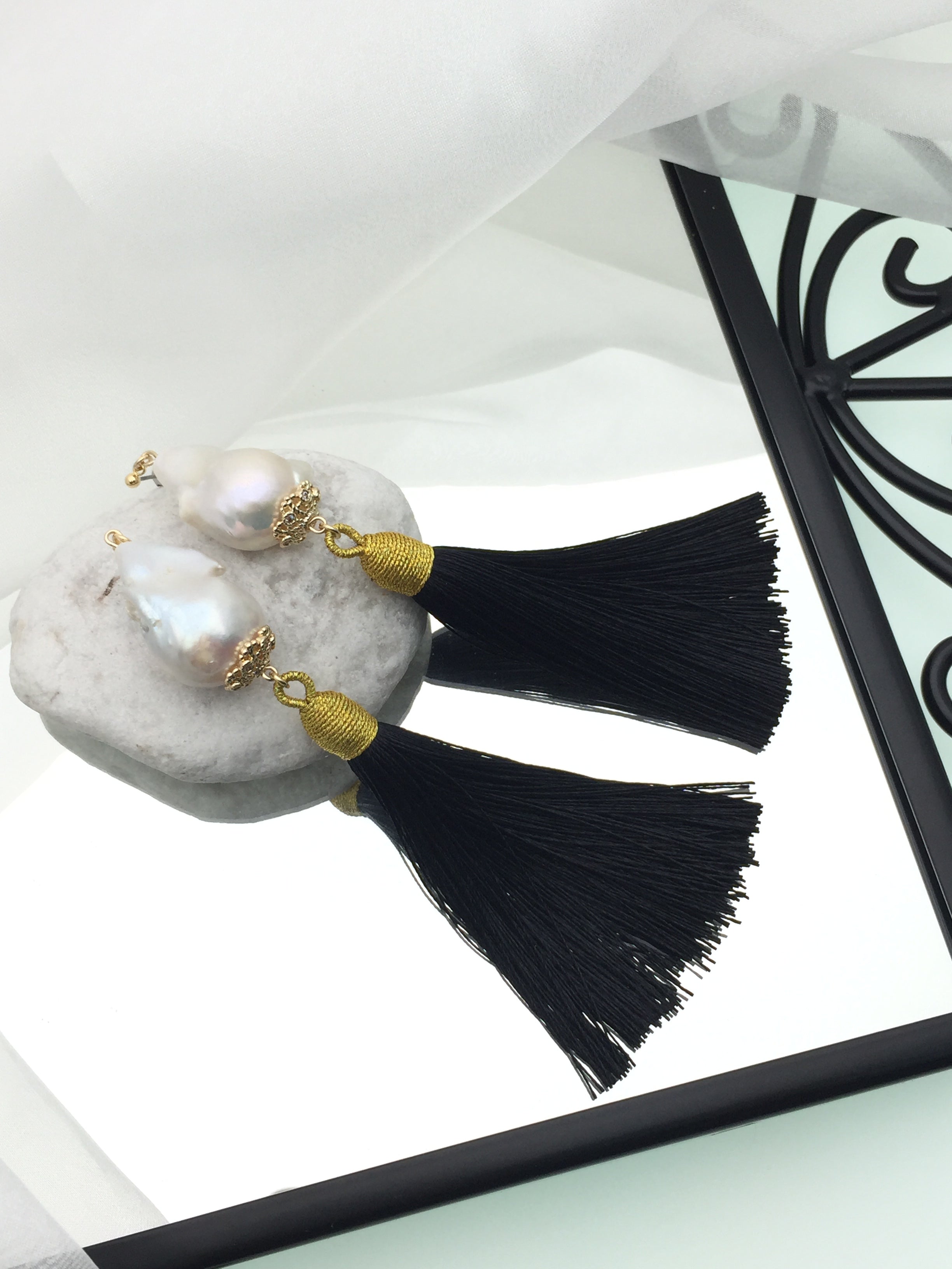 Baroque Pearl Drop Earrings with Black Tassel - Elegant Dangle Earrings for Women, Perfect for Weddings, Parties & Special Occasions