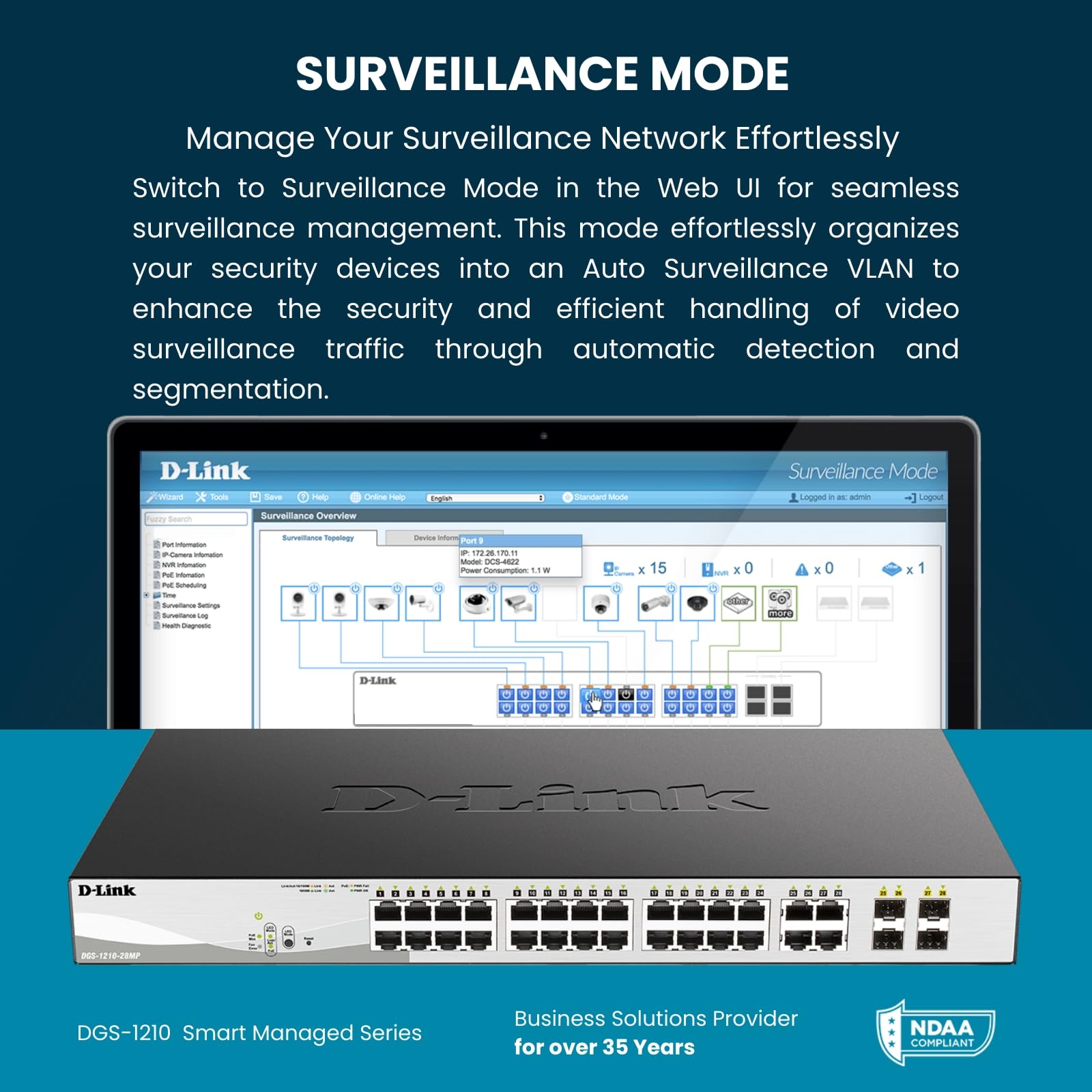 D-Link DGS-1210-10 10-Port Gigabit Smart Managed Switch with 8 GbE & 2 SFP Ports, L2+ Features, VLAN Support, Cable Diagnostics - Web Managed for Home Office, Small Business Network Setup | Desktop/Rackmount | Fanless Design | NDAA Compliant | Lifetime Warranty