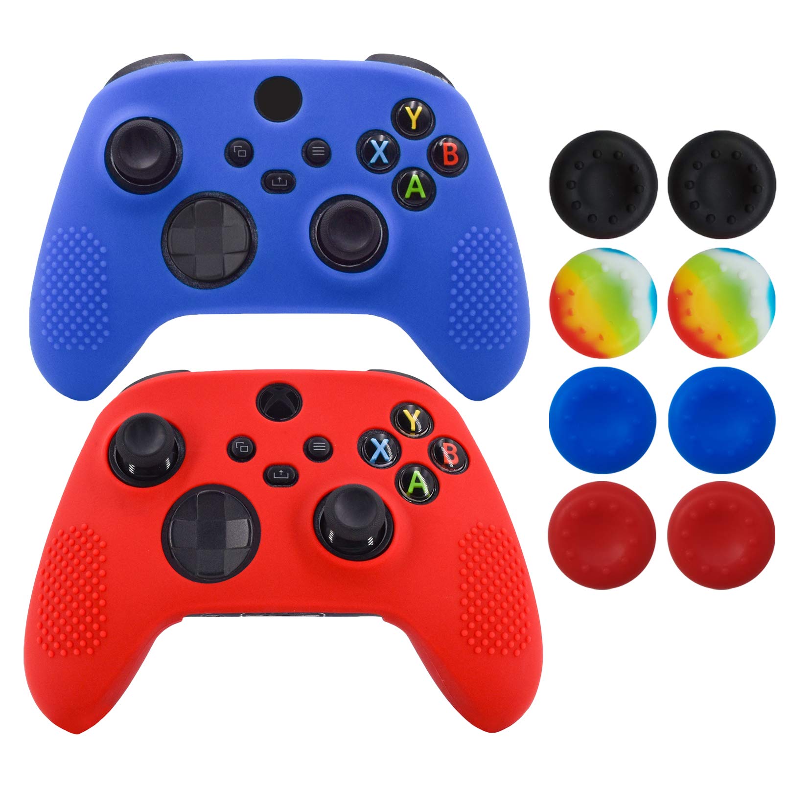 Hikfly Non-Slip Silicone Controller Cover for Xbox Series X/S - Protective Skin Grip Case with 8 Thumb Grips (Blue & Red) - Perfect for Gaming, Travel & Long Play Sessions
