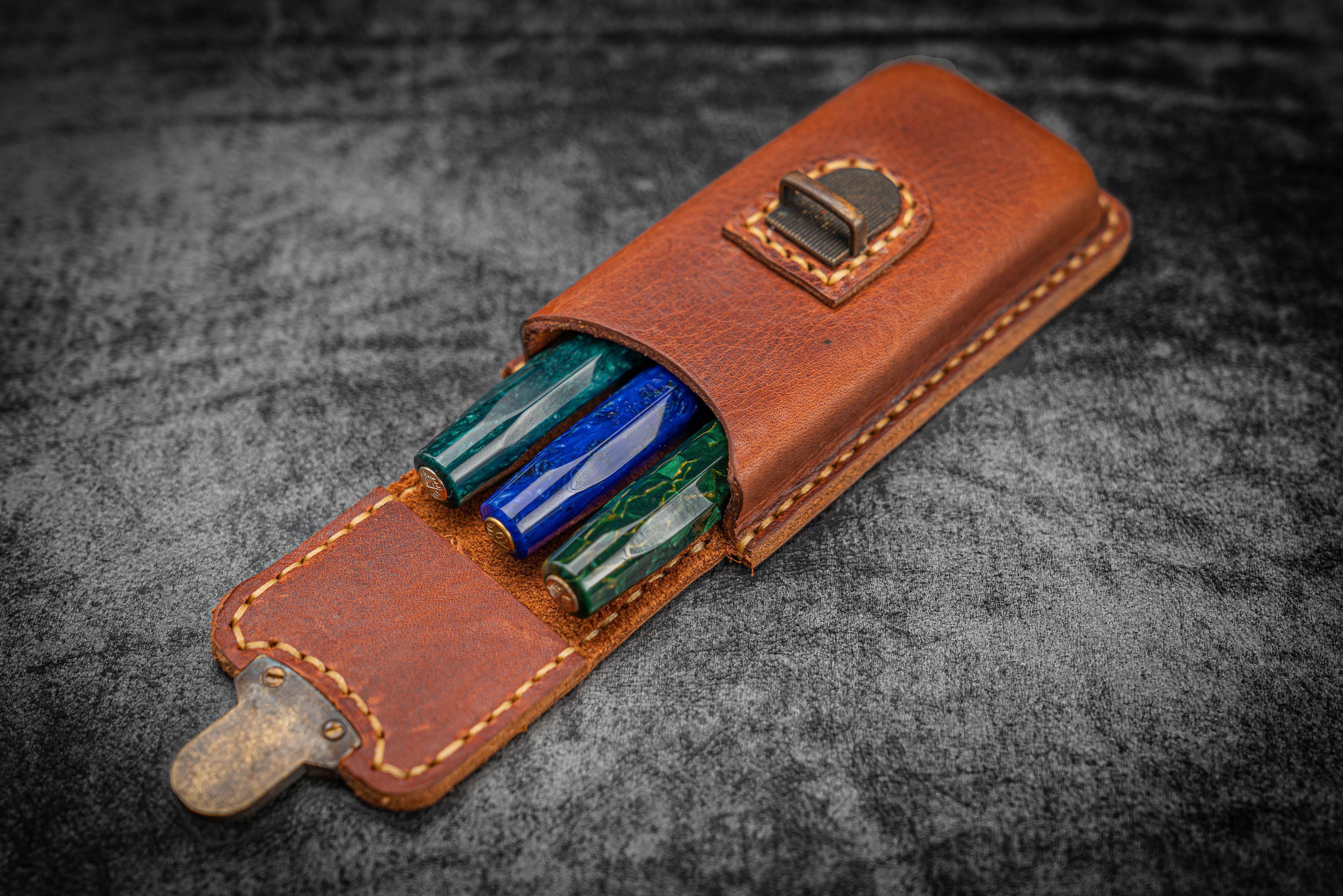 Vintage Leather Pen Case for 3 Fountain Pens - Distressed Genuine Leather Writing Accessory | Perfect for Office, School & Travel Organization