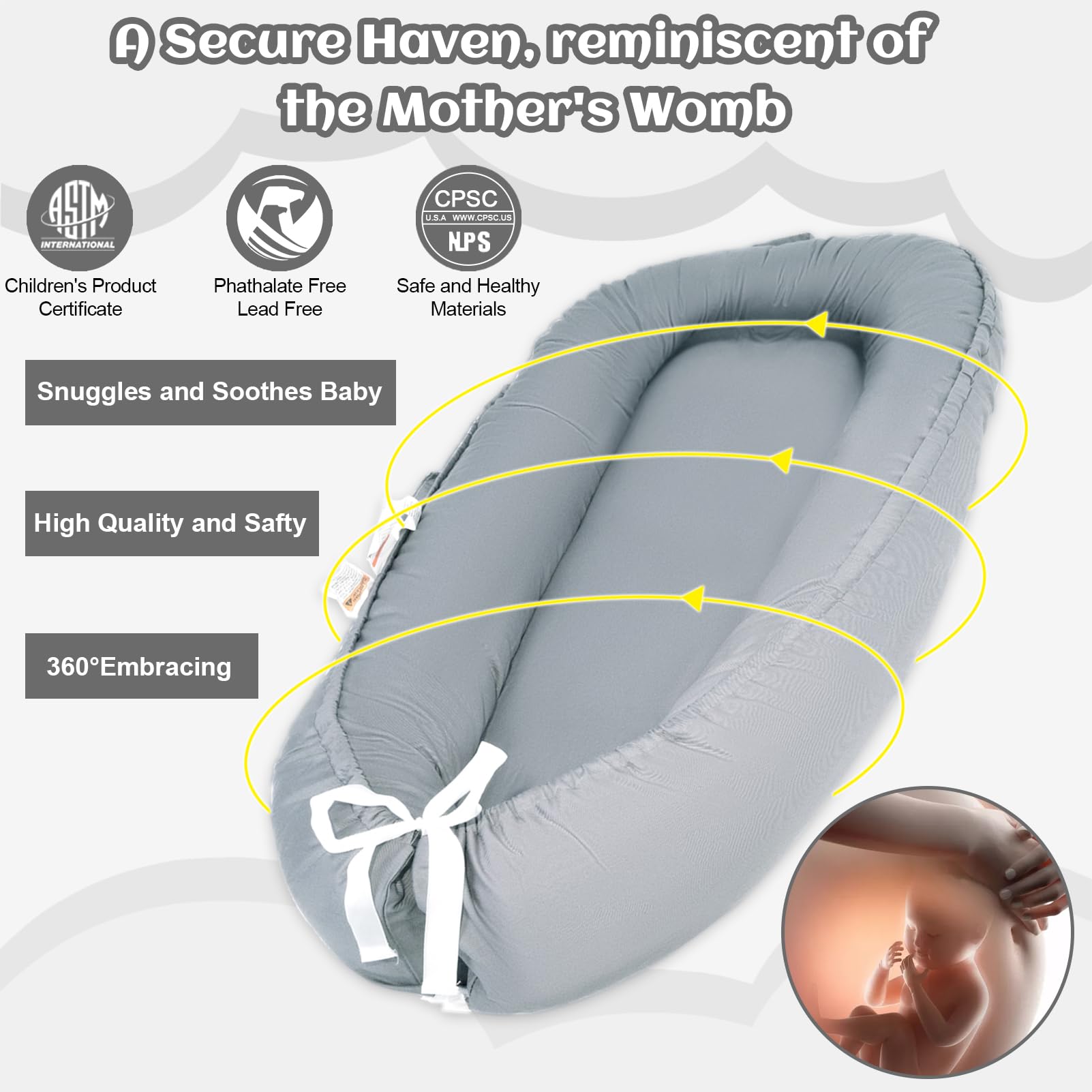 **Soft 100% Cotton Baby Lounger for Newborns 0-24 Months | Breathable Portable Infant Lounger & Co-Sleeper | Grey Baby Nest Cover for Girls & Boys | Perfect for Nursery, Travel & Co-Sleeping**