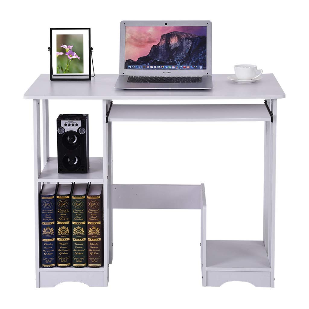 Modern Minimalist Home Office Computer Desk with Storage Shelves & Keyboard Tray - Ergonomic Laptop Desk for Study, Work, and Gaming - Space-Saving Writing & Monitor Stand for Small Spaces