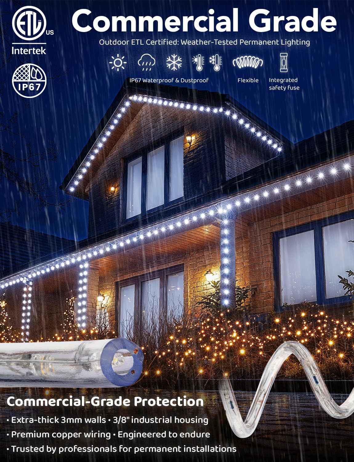 WYZworks 1656LEDs 150ft Outdoor LED Rope Lights - ETL Certified Waterproof, 360° Flexible & Connectable for Christmas, Palm Tree, Landscape Lighting - Cool White | Perfect for Patio, Garden, and Holiday Decorations