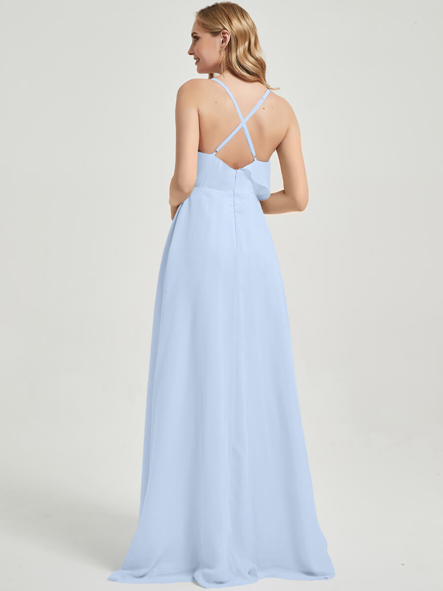 Elegant Cornflower Blue Criss Cross Straps Ruffles Chiffon Bridesmaid Dress for Weddings & Formal Events - Perfect for Bridal Party, Evening Galas & Special Occasions