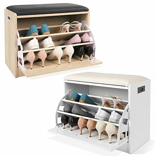 White Shoe Storage Bench with Cushioned Seat - 3-Tier Shoe Rack Organizer & Entryway Storage Chest - Perfect for Mudroom, Closet, or Bedroom Shoe Organization