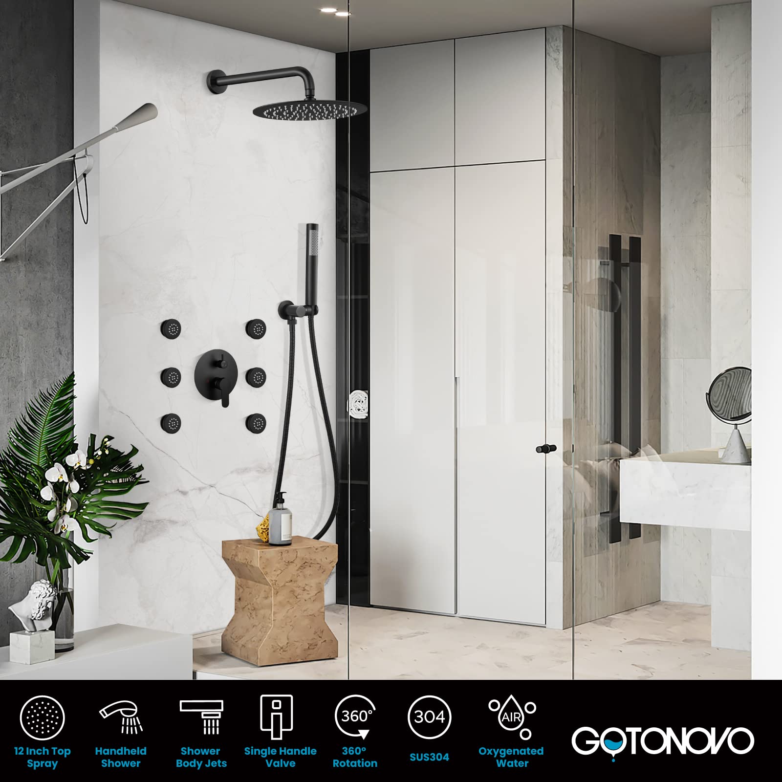 Gotonovo 12-Inch Round Rainfall Shower Faucet Set with 6 Body Jets - Matte Black Wall Mounted Luxury Shower Combo (Includes Rain Shower Head, Handheld Spray & Rough-in Valve) - Perfect for Spa-Like Bathroom Renovations & Modern Home Upgrades