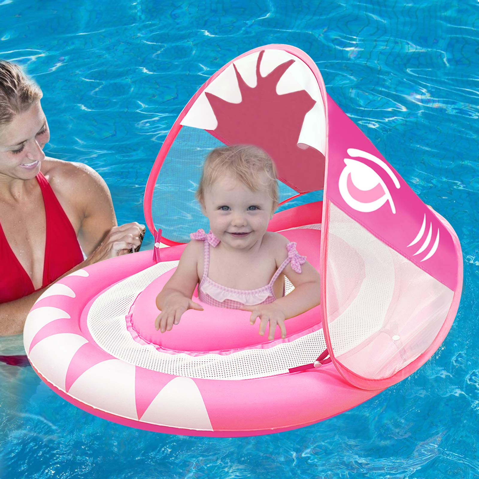 **Shark-Shaped Baby Swimming Pool Float Ring with Removable Sun Canopy & Safety Seat – Inflatable Swim Trainer for Newborns & Toddlers (6-36 Months) – Double Airbag Design for Safe Water Play at Home, Beach, or Pool**