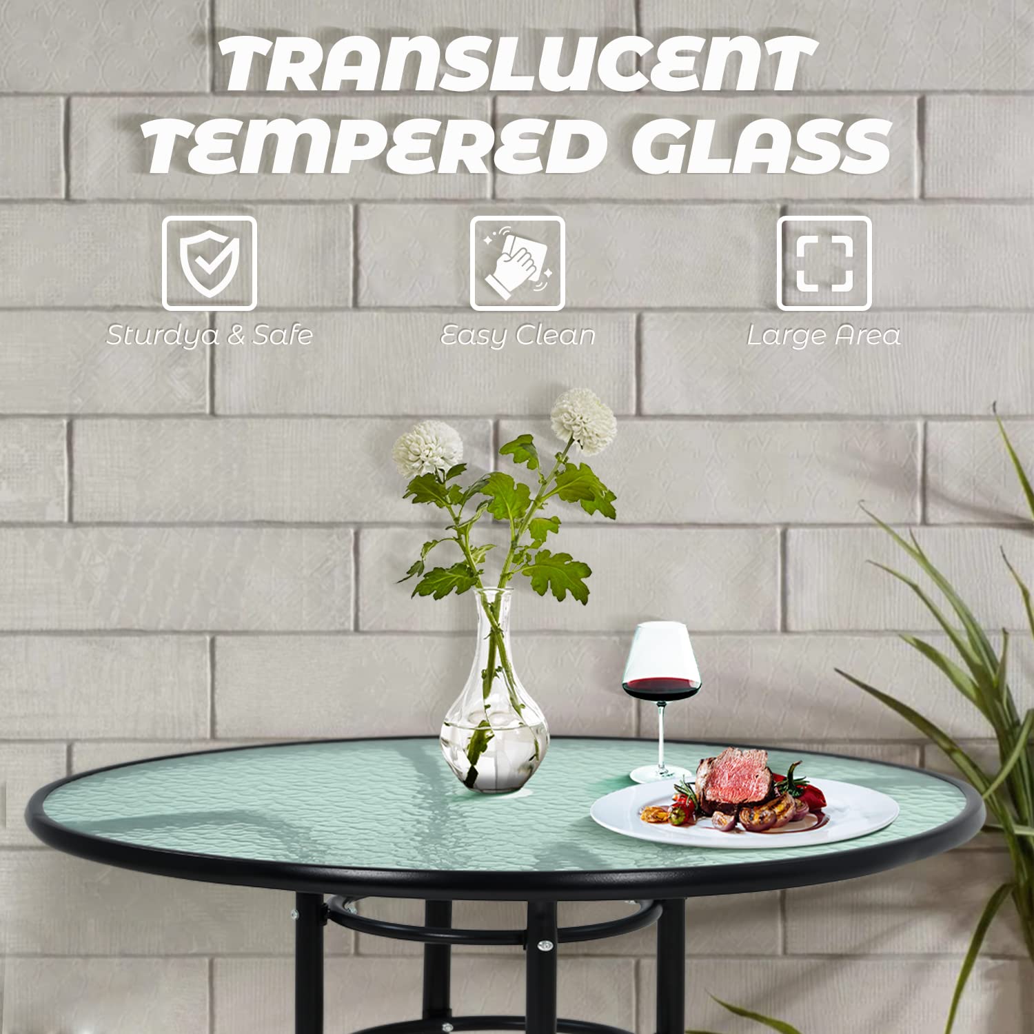 Outdoor Bistro Table with Umbrella Hole - Small Patio Dining Set, All-Weather Tempered Glass Top, Perfect for Balcony, Garden, or Backyard Conversations