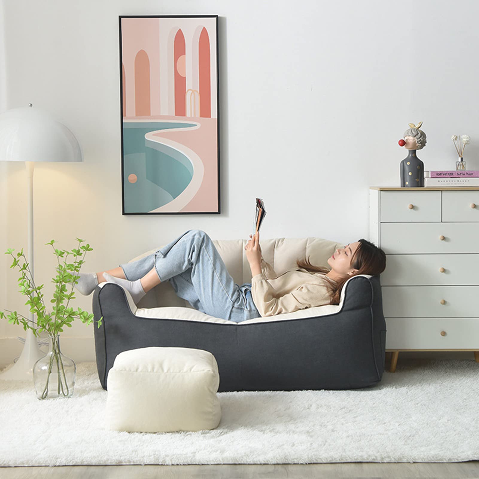 HWOEK Shell-Shaped Bean Bag Sofa Cover with Zipper & Side Pockets - No Filler Included - Double Size Lazy Lounger Recliner for Indoor Use | Perfect for Living Room, Game Room, Dorm & Relaxation Spaces