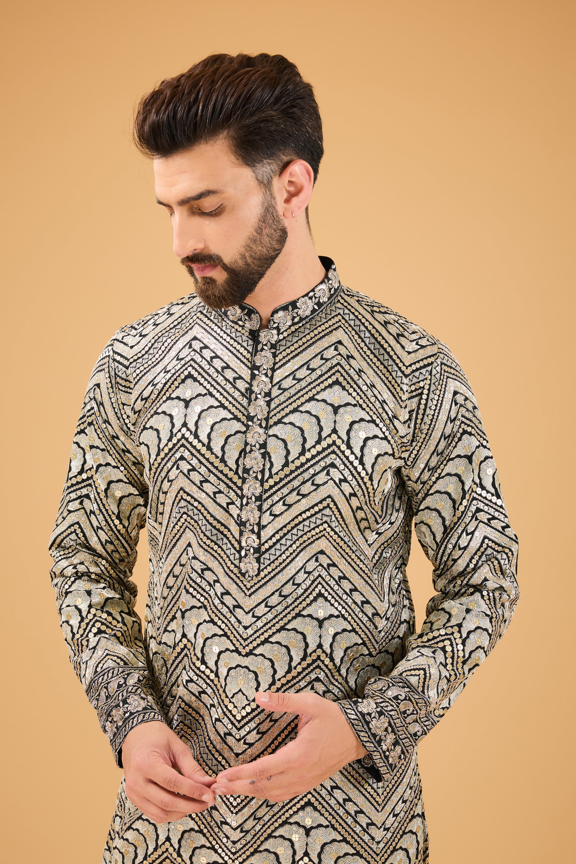 Exclusive Black Embroidered Kurta with Detailed Zari Work - Elegant Traditional Wear for Festivals, Weddings & Special Occasions