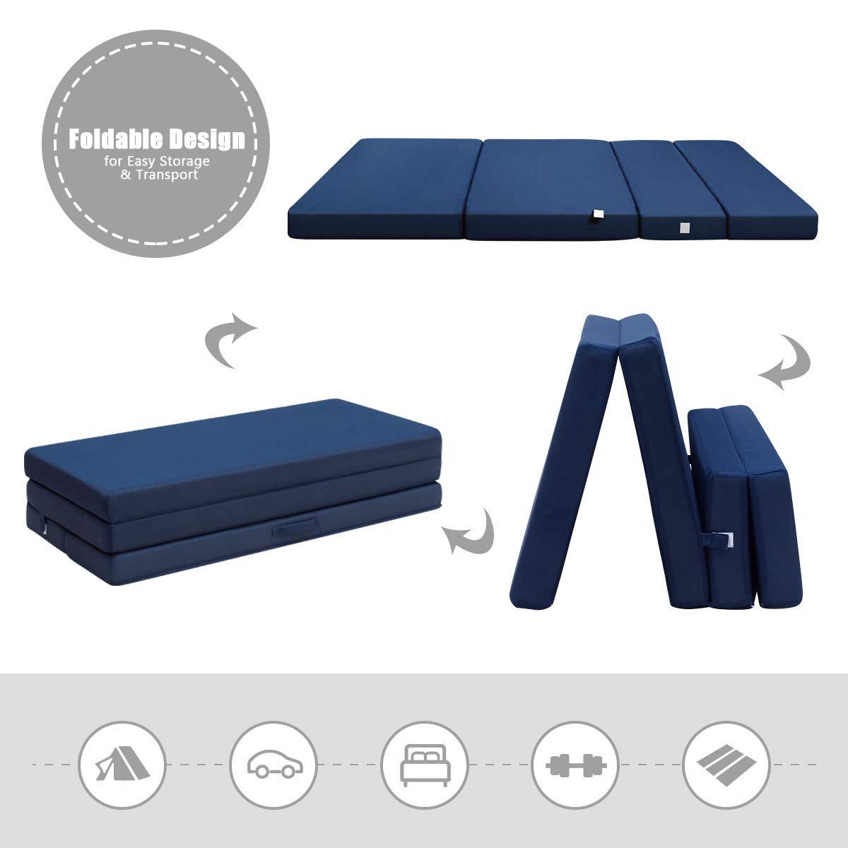 KOMFOTT 4-Inch Tri-Folding Memory Foam Mattress Queen Size - Removable Washable Cover, Foldable Guest Bed for Sofa, Travel & Camping - Navy Blue