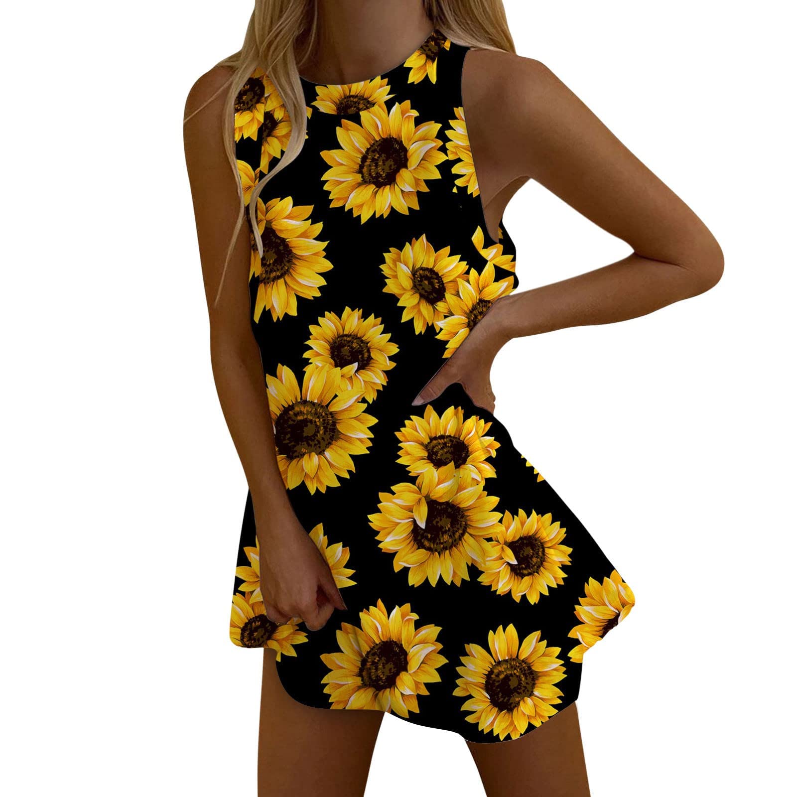 Women's Floral Print Sleeveless Summer Dress 2022 - Off Shoulder Casual Tunic Swing Dress for Beach, Vacation & Outdoor Parties