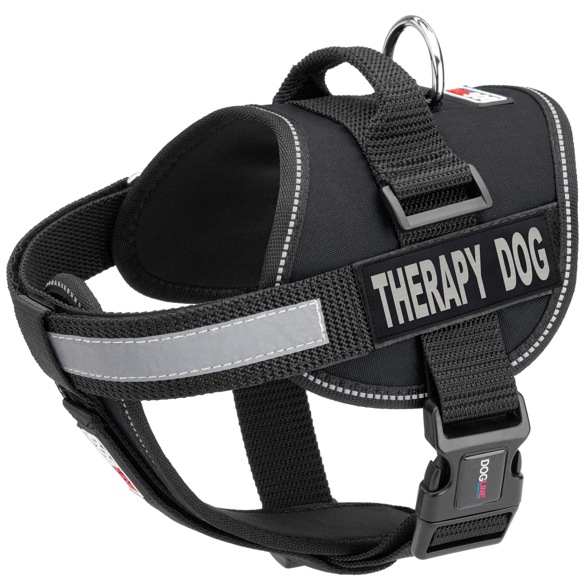 Dogline Adjustable Vest Harness for Large Dogs (28-38 Inch Chest) with 2 Removable Therapy Dog Patches - Black | Perfect for Service Dogs, Emotional Support Pets & Outdoor Adventures
