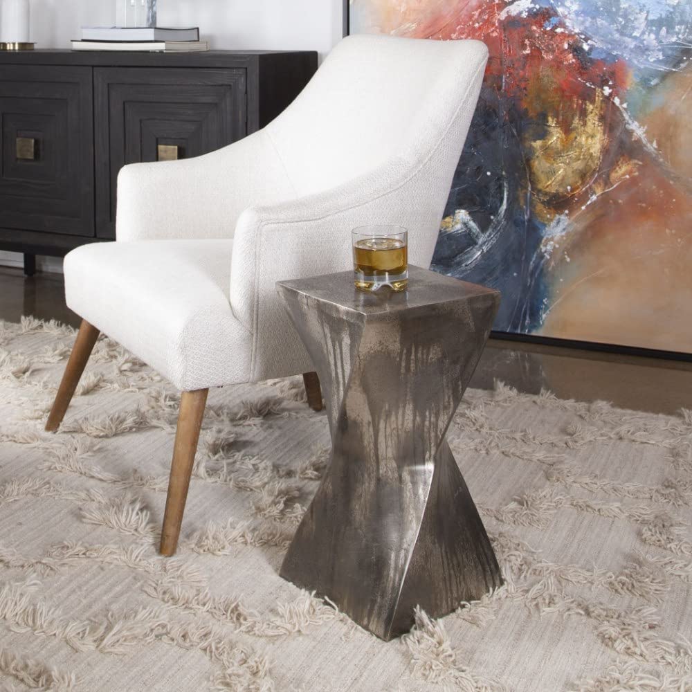 19 Inch Modern Hourglass Shape Accent Table with Distressed Details - Contemporary Side & End Table for Living Room, Bedroom, or Office (208-Bel-4190627)