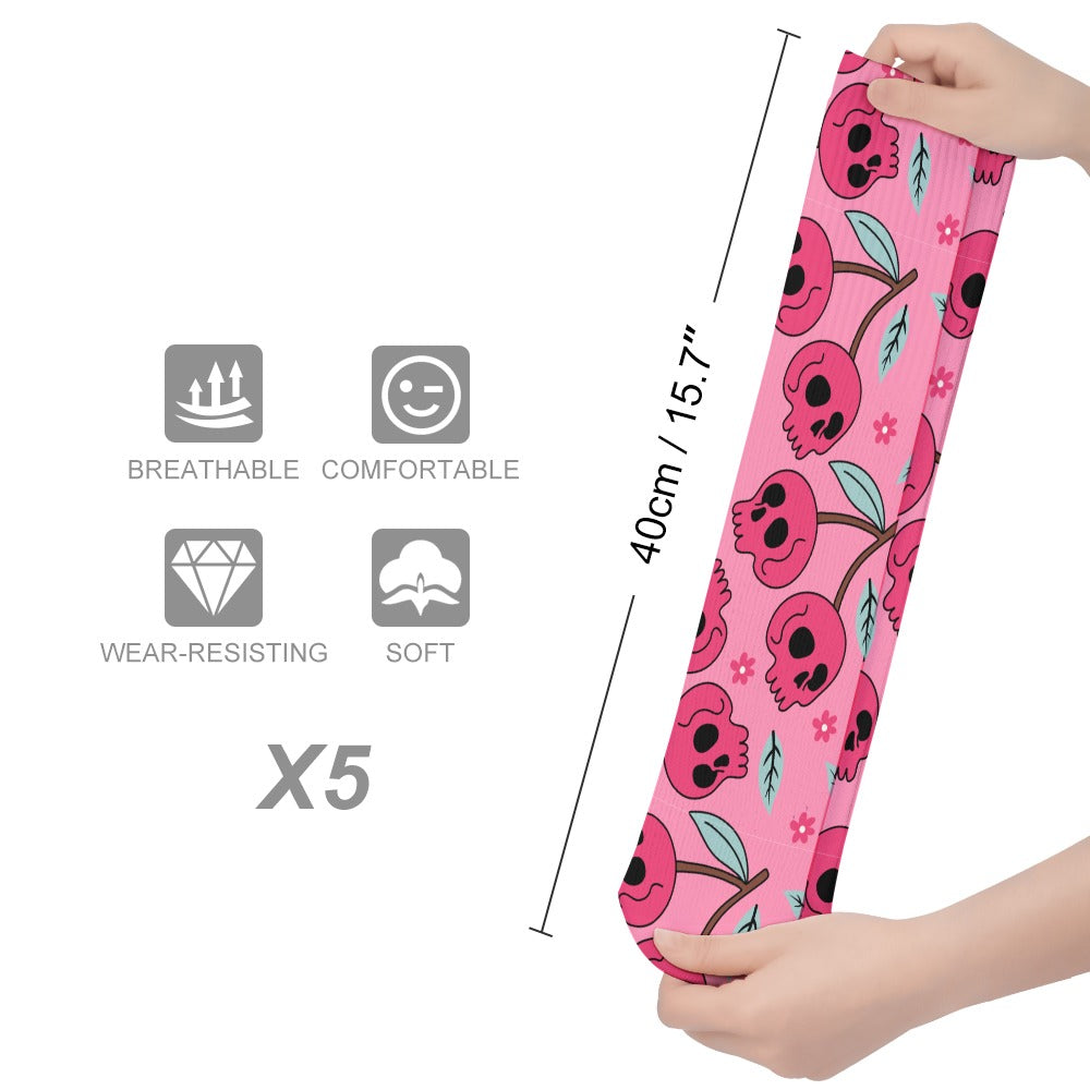 **Breathable Cherry Skull Pattern Stockings (5-Pack) - Comfortable & Stylish for Cosplay, Halloween, and Gothic Fashion**