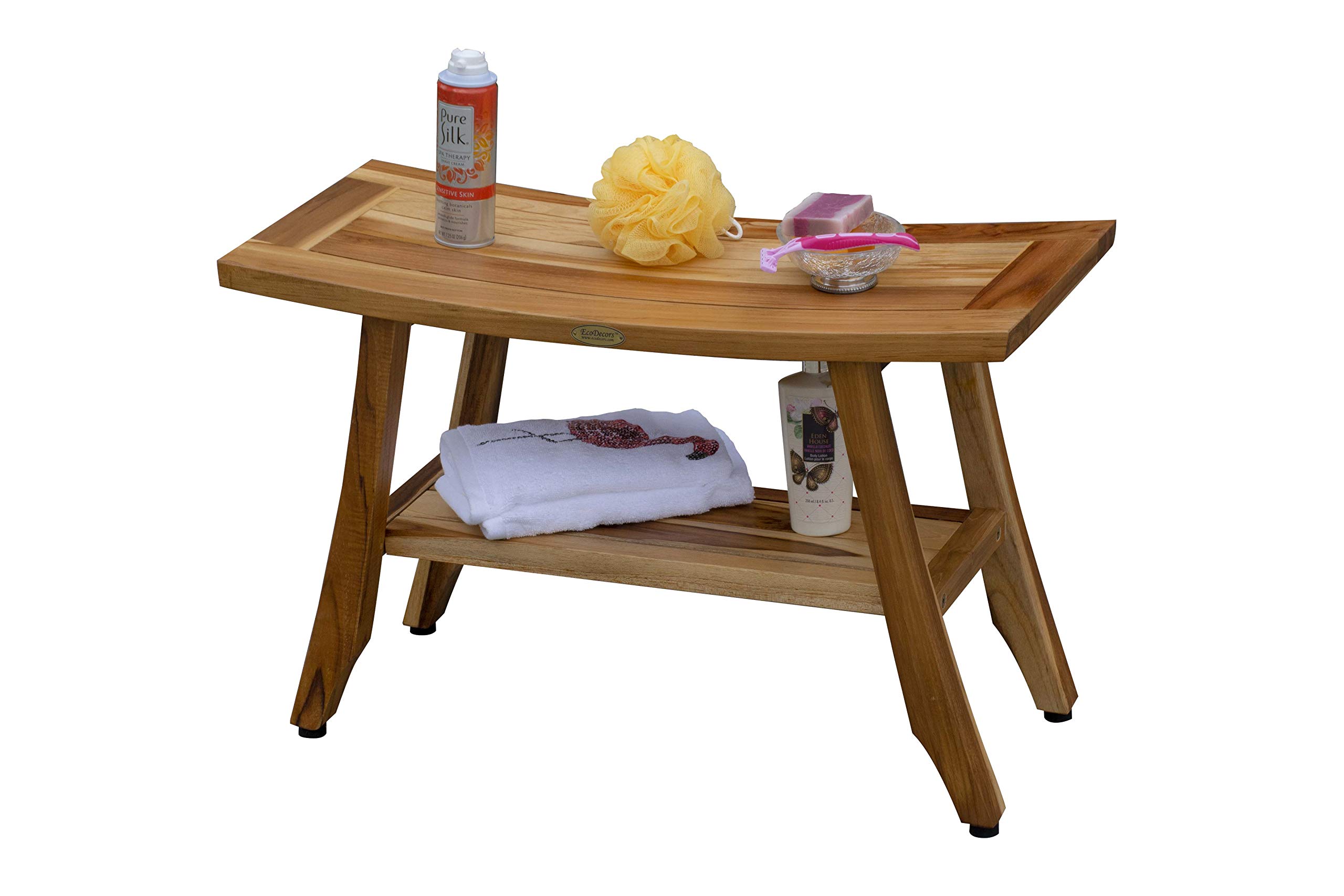 EcoDecors 28 Inch Satori Natural Teak Waterproof Shower Bench - Teak Wood Bath Stool Seat Chair for Shower Safety with Storage, Perfect for Bathroom Organization & Spa Relaxation